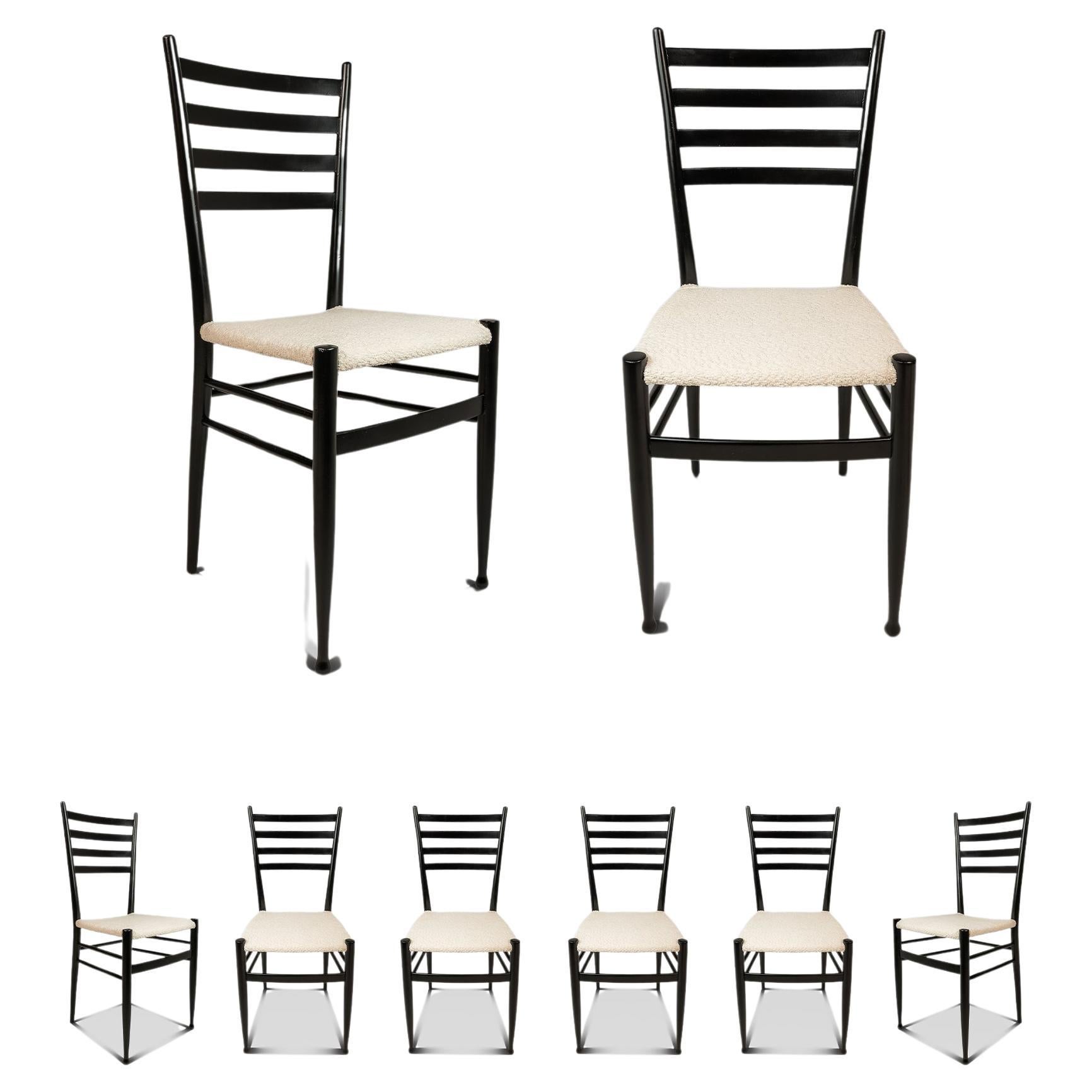 Set of 6 Dining Chairs in White Bouclé After Gio Ponti, Italy, c. 1960
s For Sale