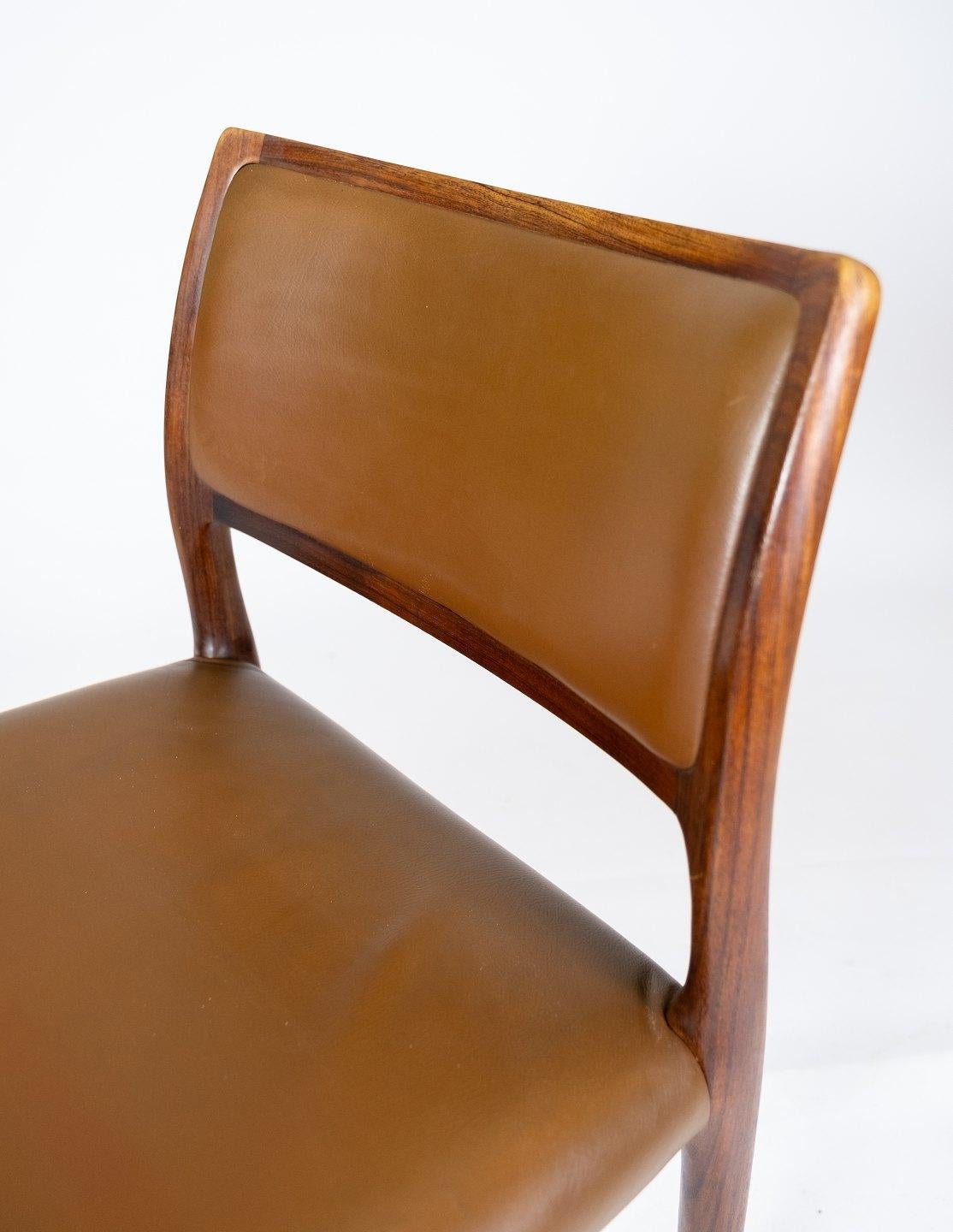 Leather Set of 6 Dining Chairs, Model 80, in Rosewood Designed by N.O. Møller