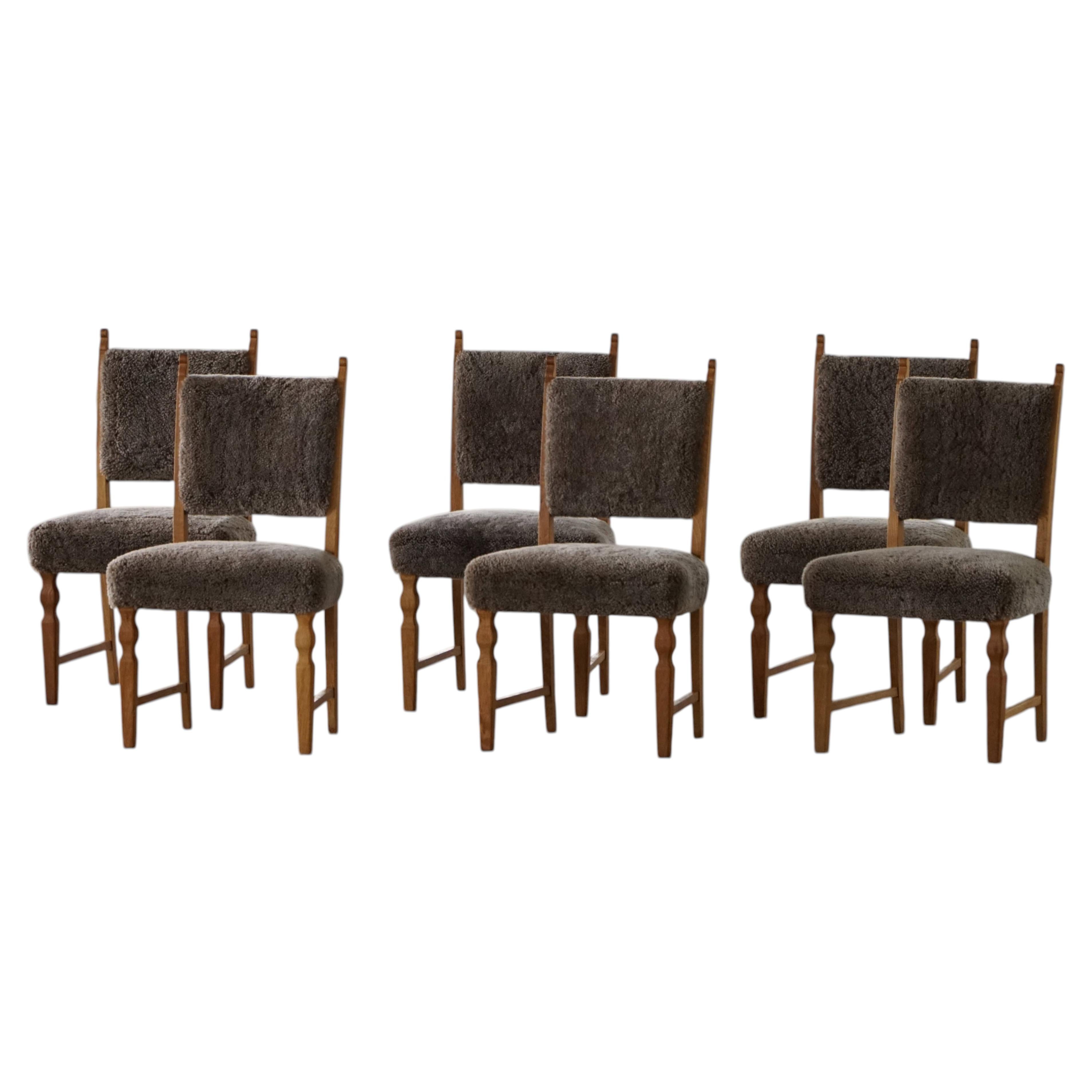 Set of 6 Dining Chairs, Oak & Lambswool, Henning Kjærnulf, Danish Modern, 1950s For Sale