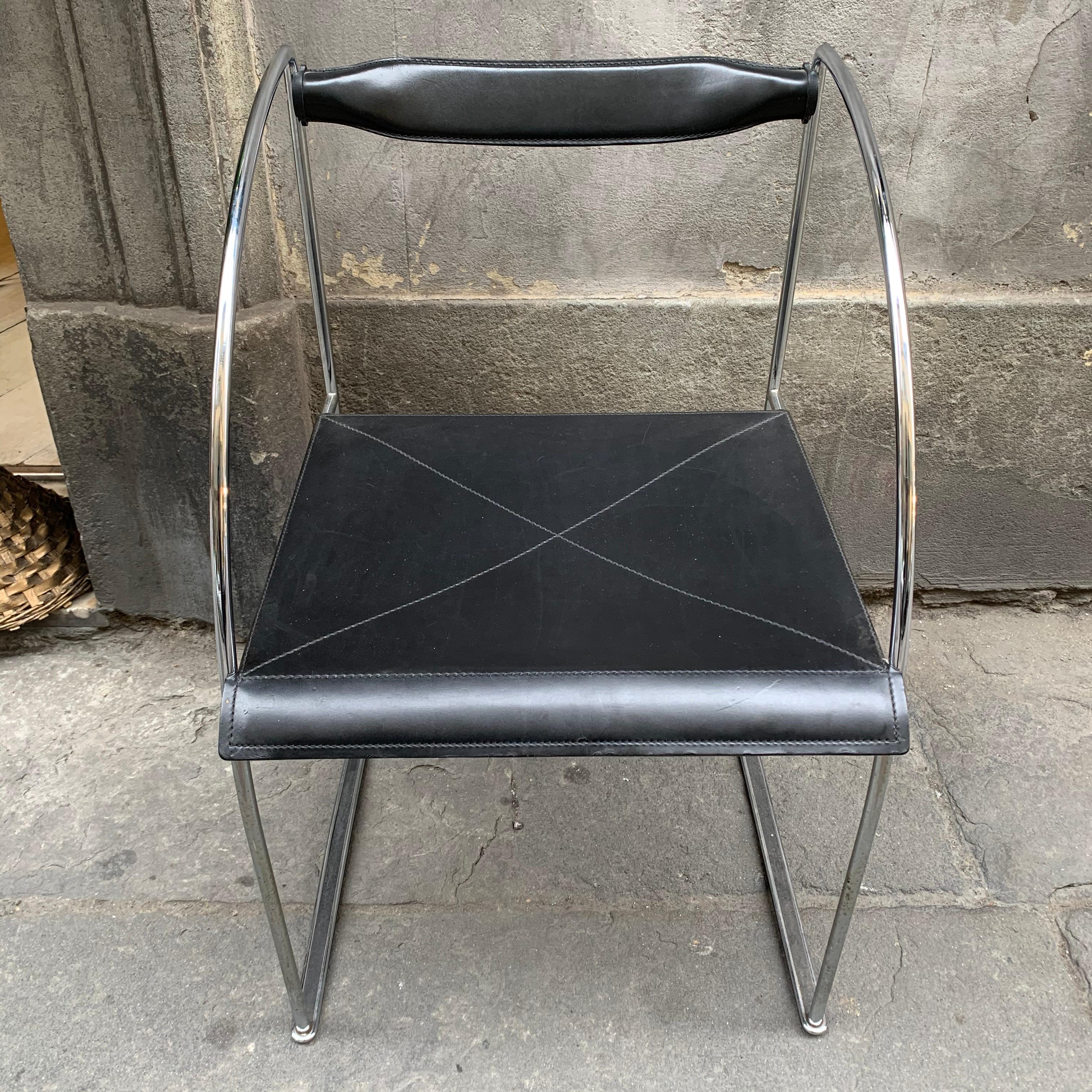 Set of 6 Dining Chairs “Patoz” by Francesco Soro Black Leather and Steel, 1980s 10