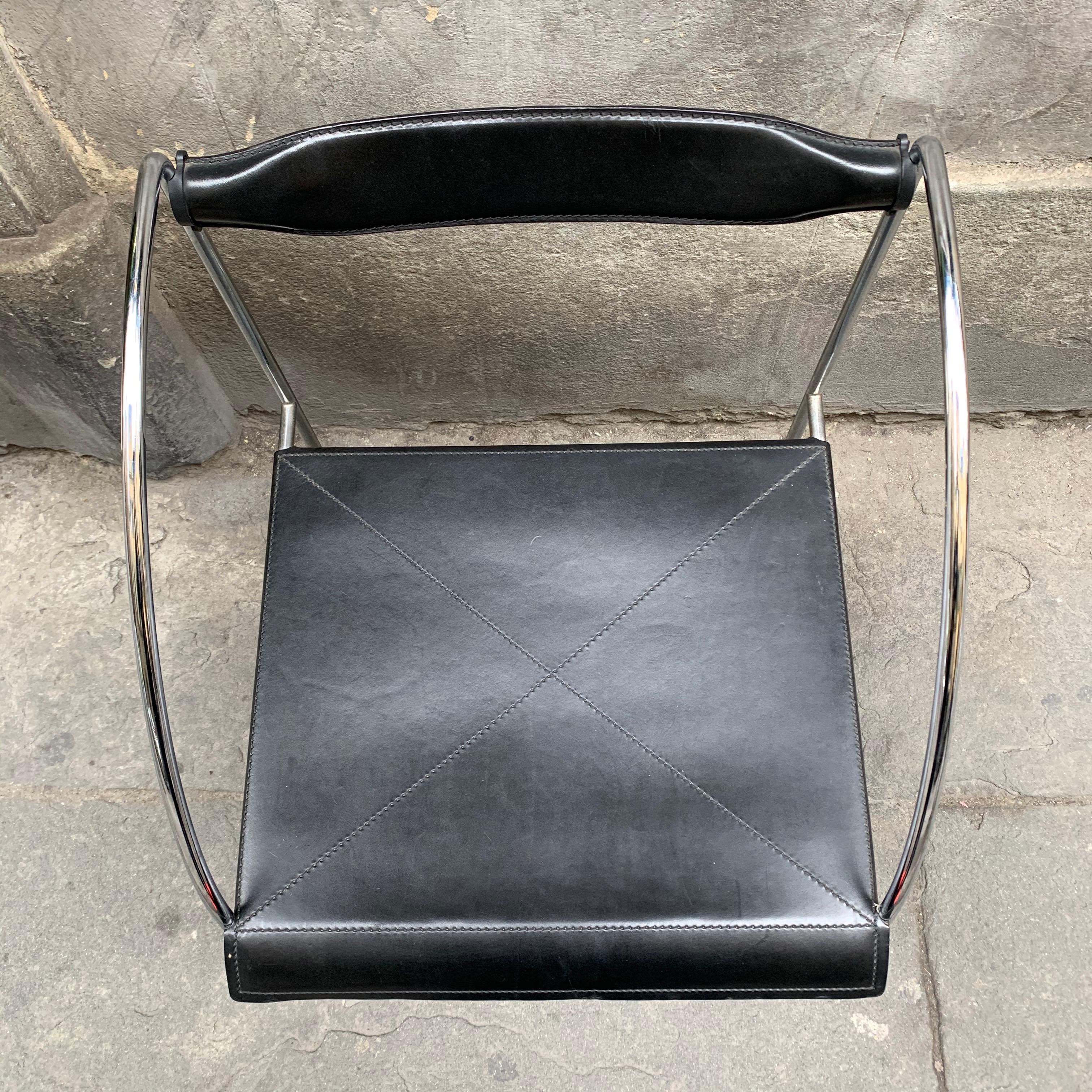 Set of 6 Dining Chairs “Patoz” by Francesco Soro Black Leather and Steel, 1980s 11