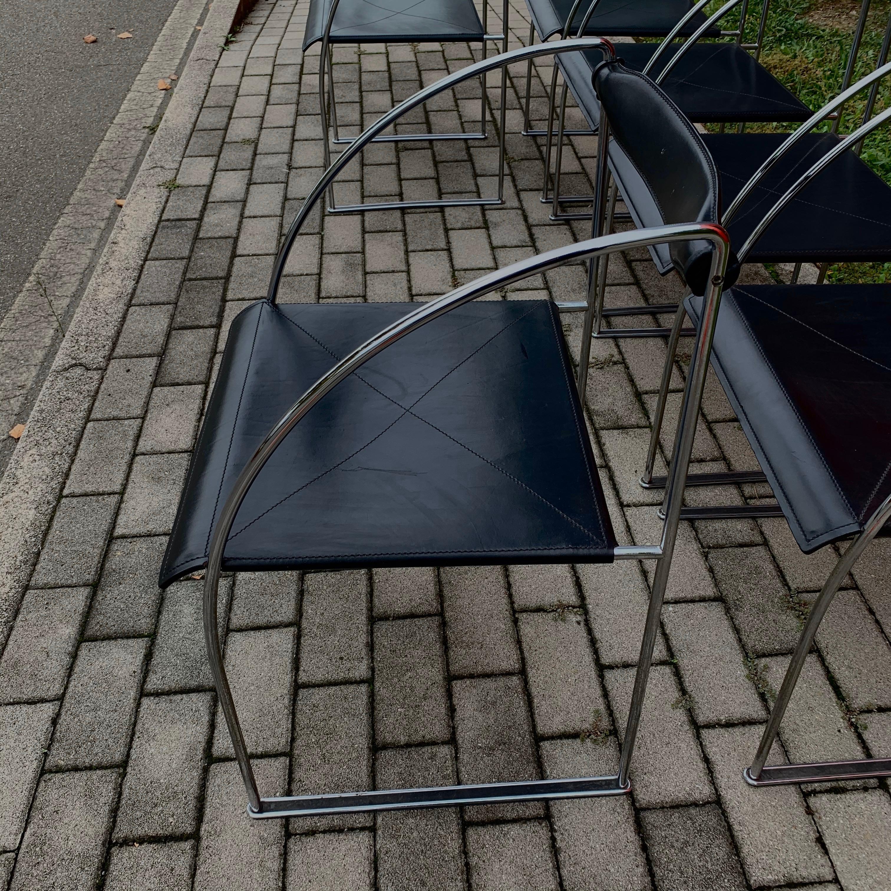 Set of 6 Dining Chairs “Patoz” by Francesco Soro Black Leather and Steel, 1980s 1