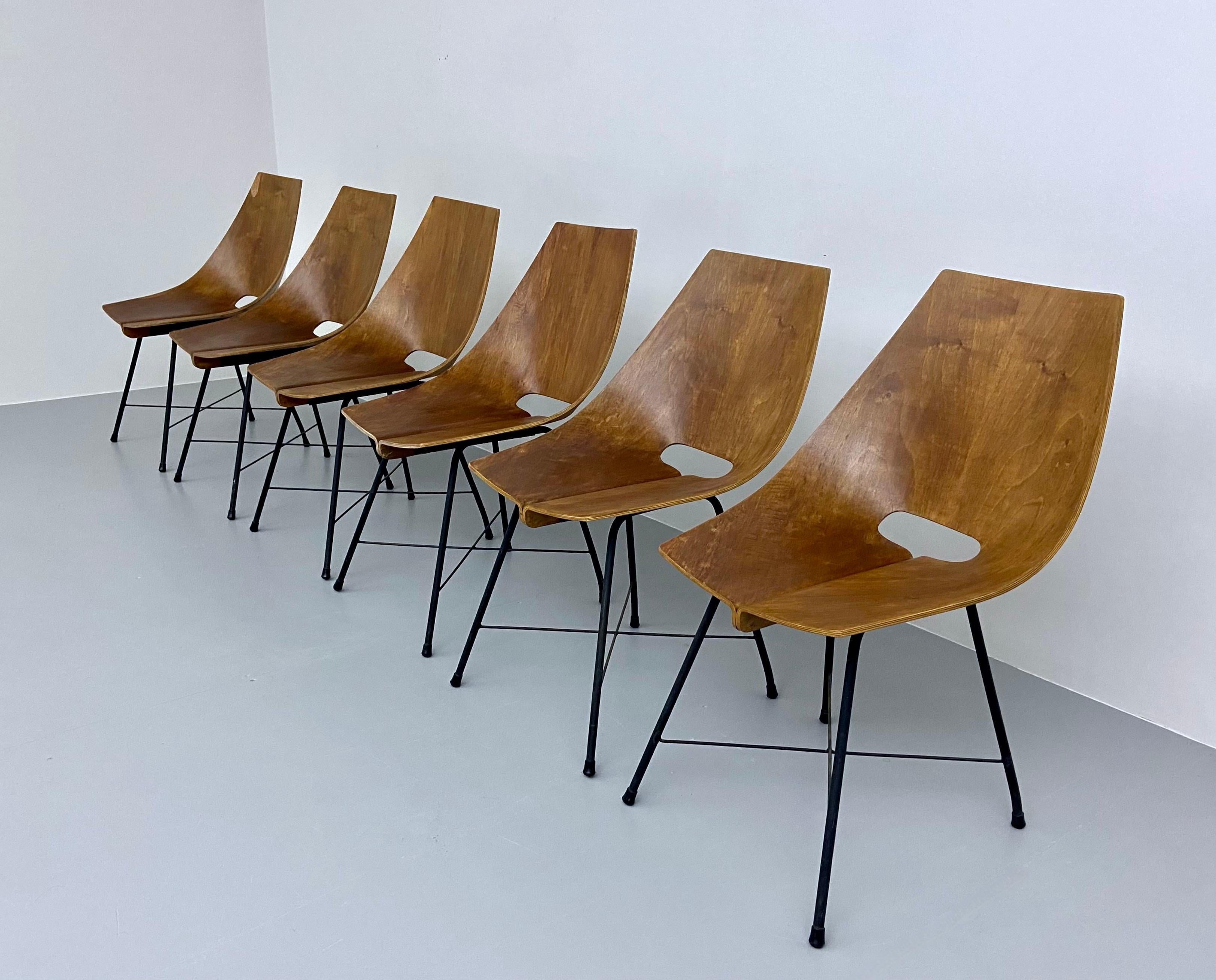 Italian Set of 6 Dining Room Chairs by Carlo Ratti in Bended Wood and Metal, Italy, 1954 For Sale