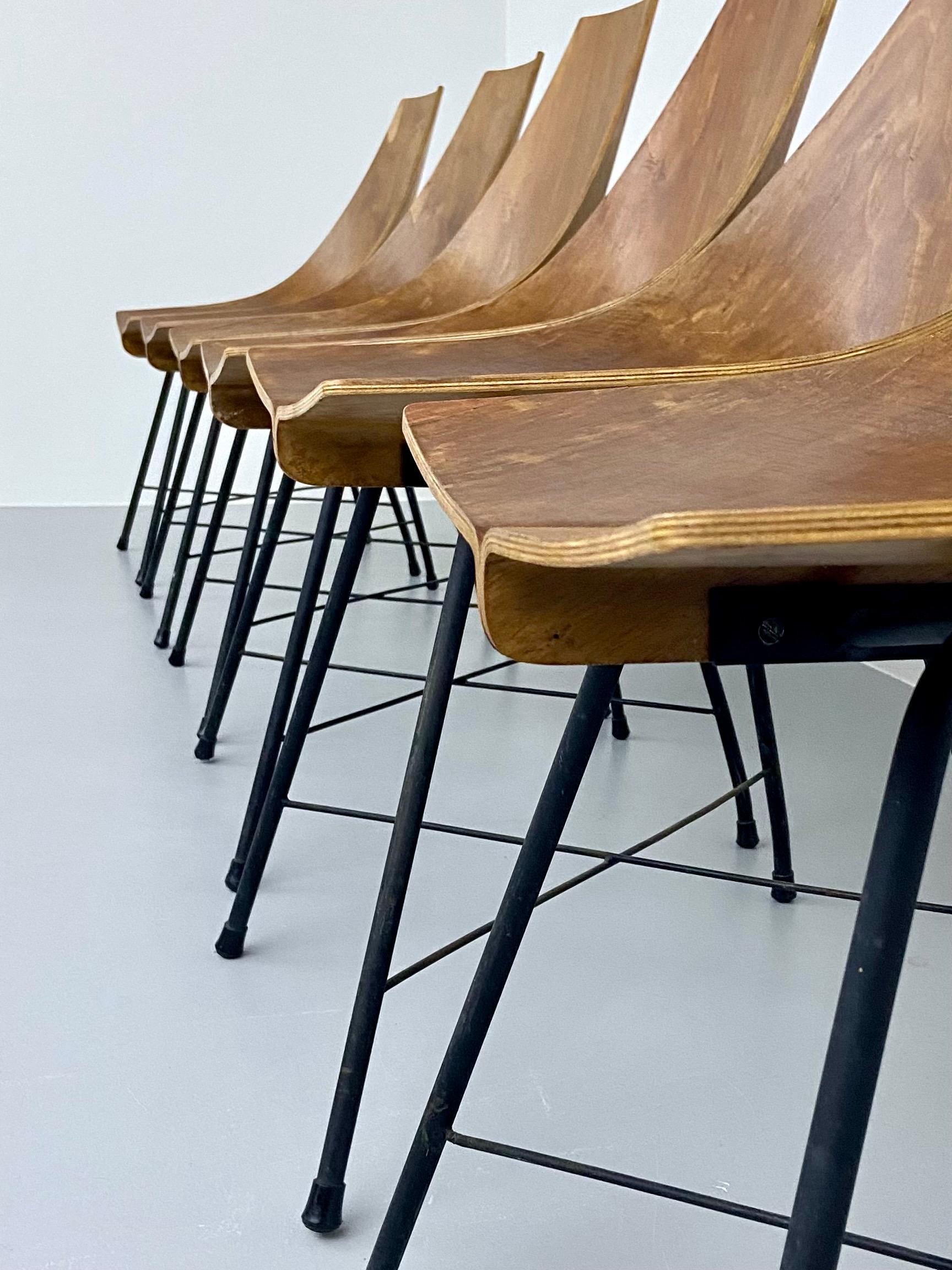Milieu du XXe siècle Ensemble de 6 chaises de salle à manger par Carlo Ratti en bois cintré et métal, Italie, 1954 en vente
