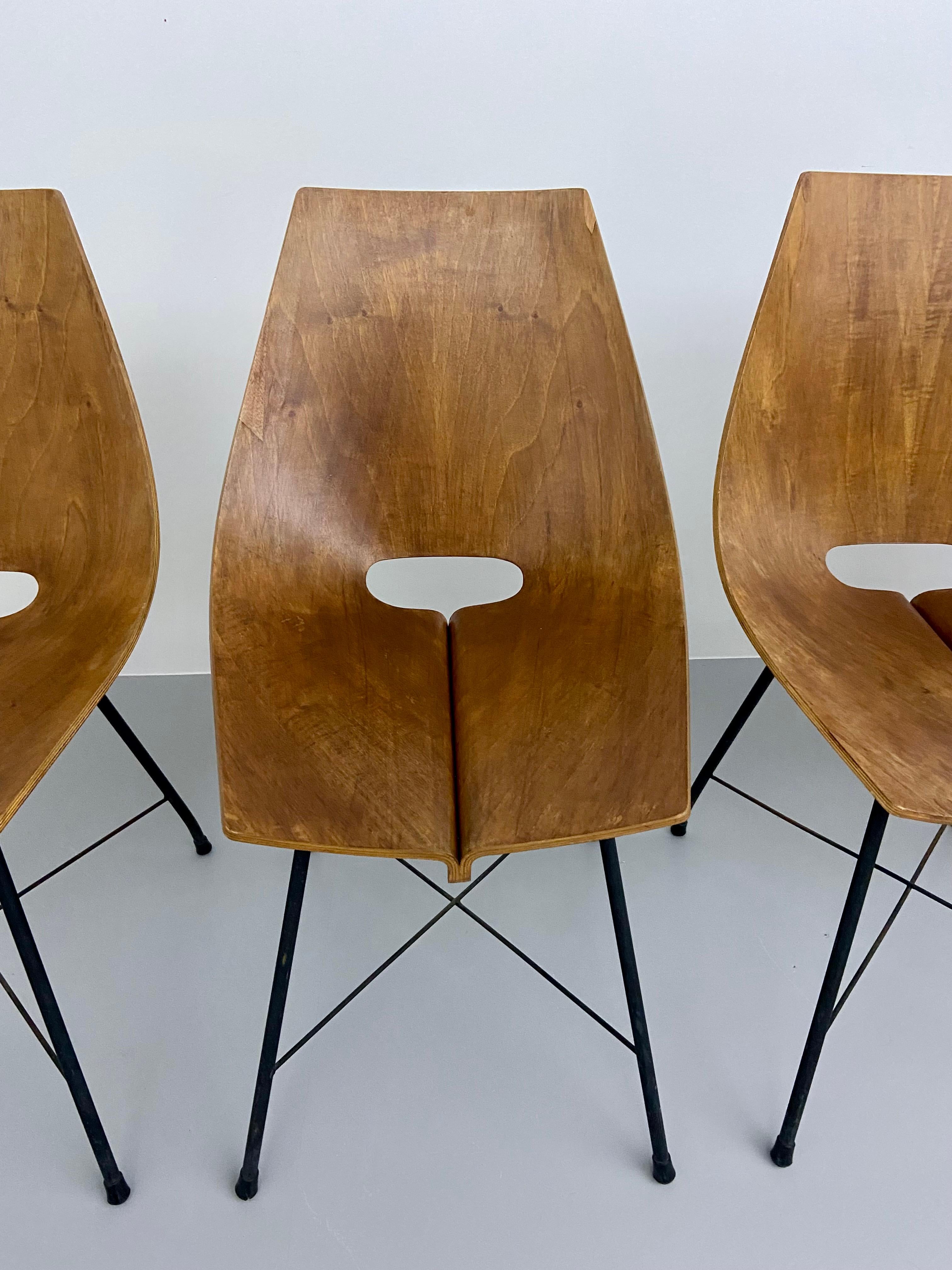 Mid-20th Century Set of 6 Dining Room Chairs by Carlo Ratti in Bended Wood and Metal, Italy, 1954