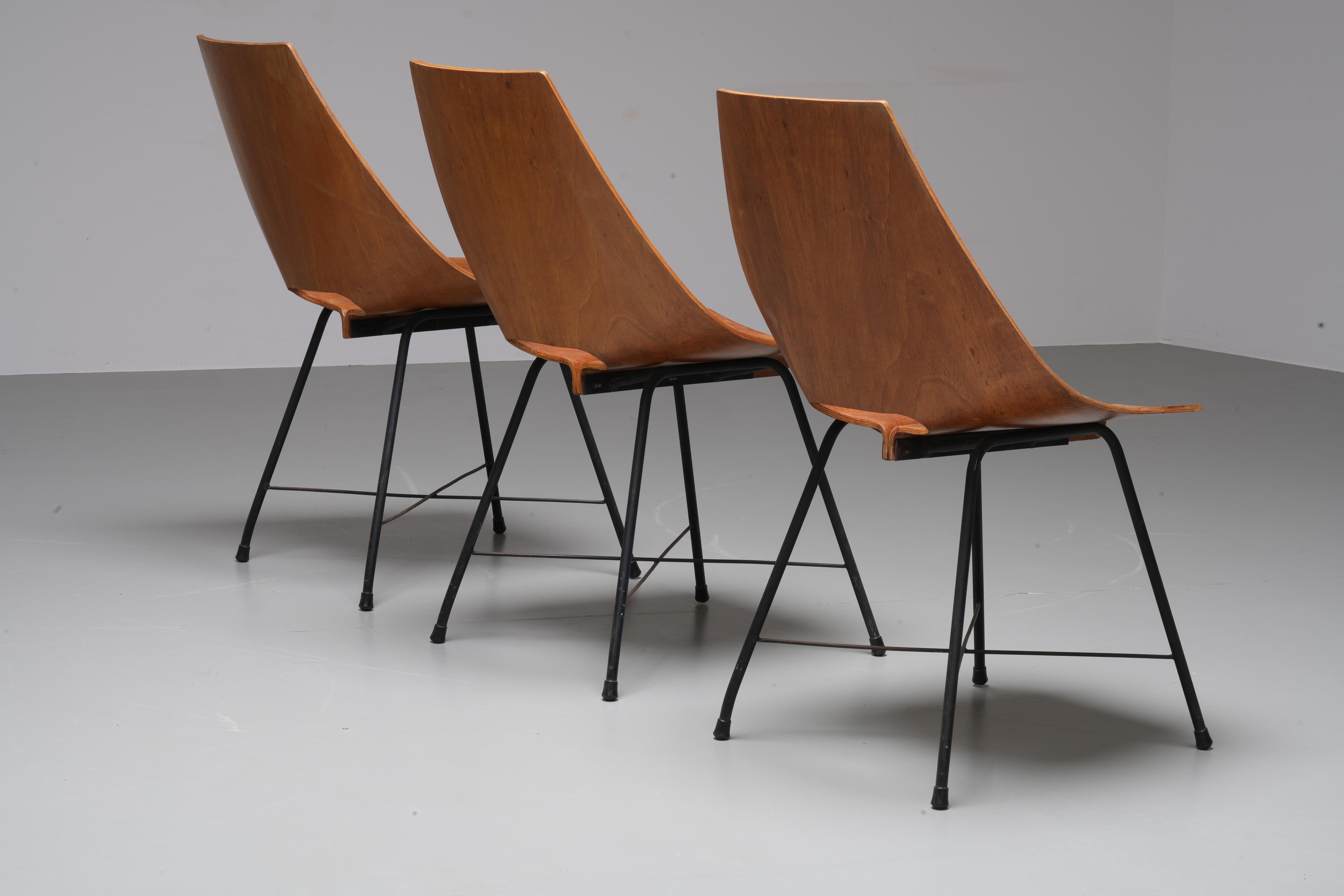 Set of 6 Dining Room Chairs by Carlo Ratti in Plywood and Metal, Italy, 1954 For Sale 4