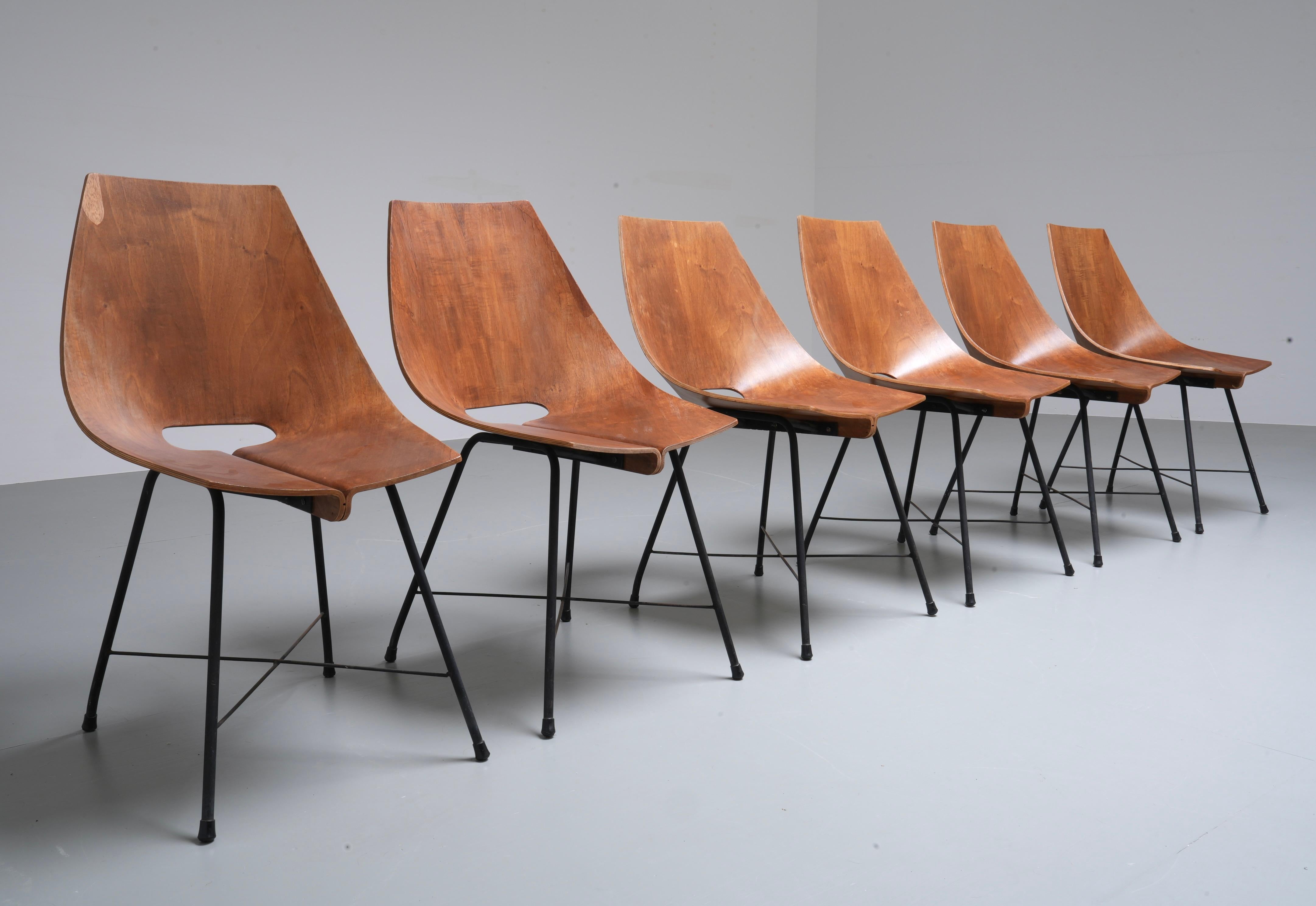 Mid-Century Modern Set of 6 Dining Room Chairs by Carlo Ratti in Plywood and Metal, Italy, 1954 For Sale