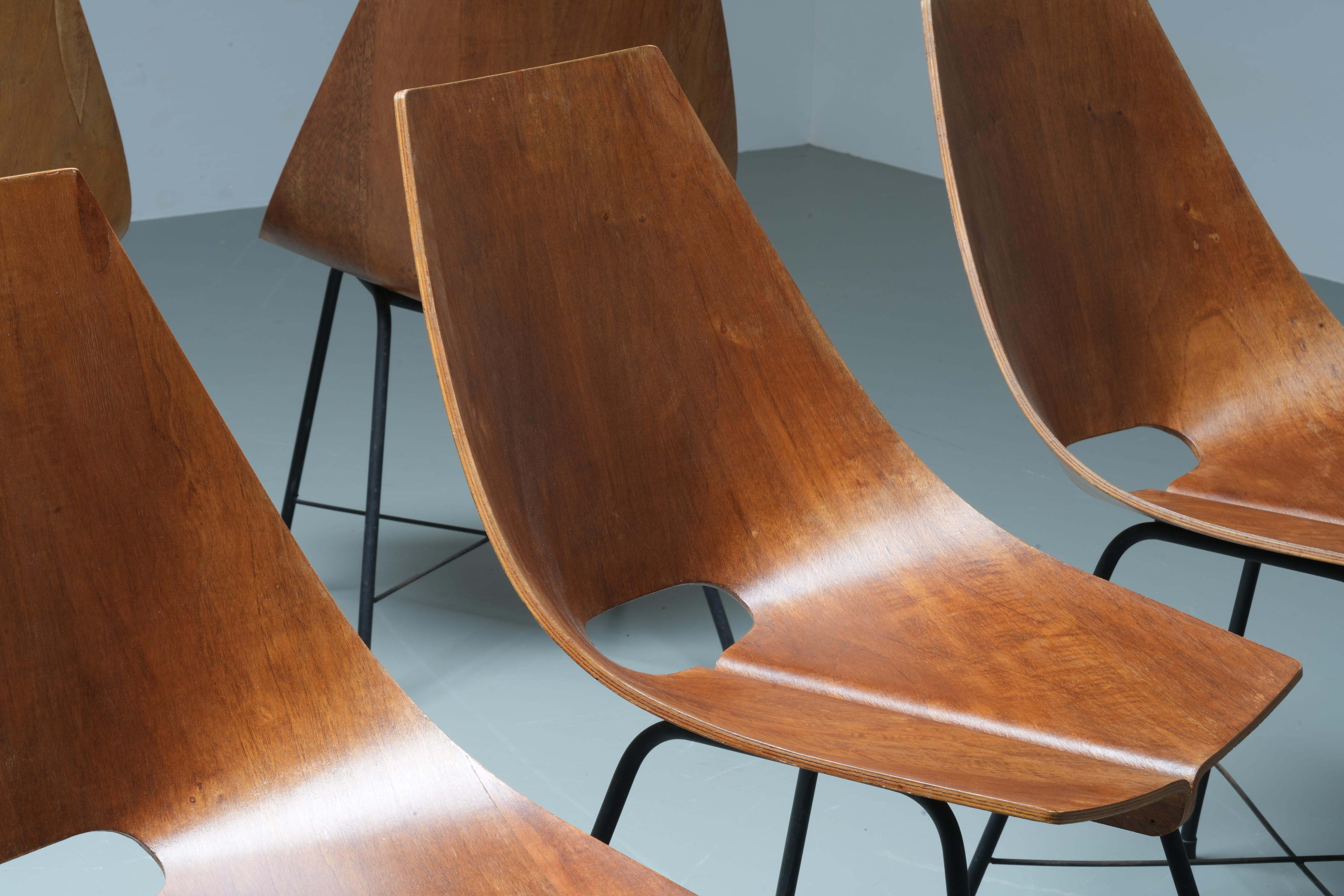 Italian Set of 6 Dining Room Chairs by Carlo Ratti in Plywood and Metal, Italy, 1954 For Sale