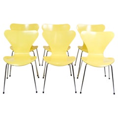 Vintage Set Of 6 Dining Table Chairs Model 3107 In Yellow By Arne Jacobsen From 1990s