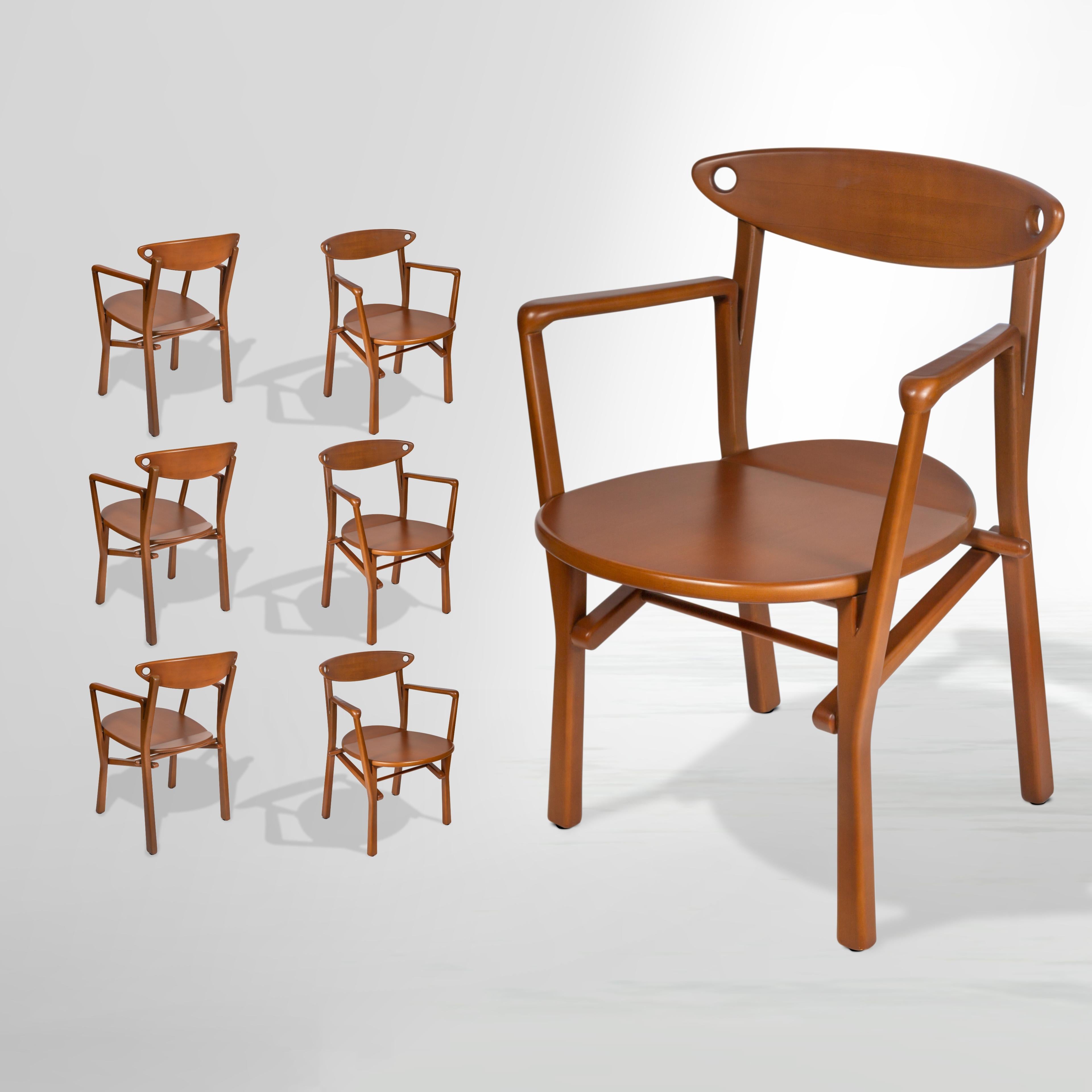 Organic Modern Set of 6 Dinning Chairs Laje in Light Brown Finish Wood For Sale