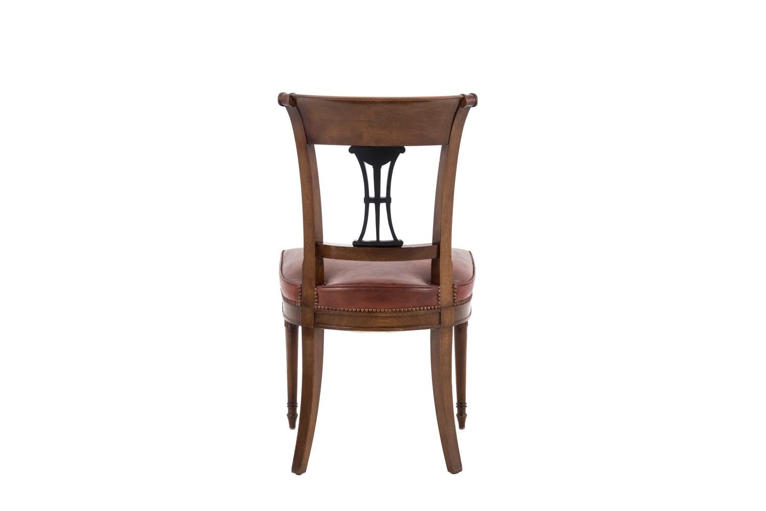 Leather Set of 6 Directoire Style Chairs in Mahogany, Early 20th Century