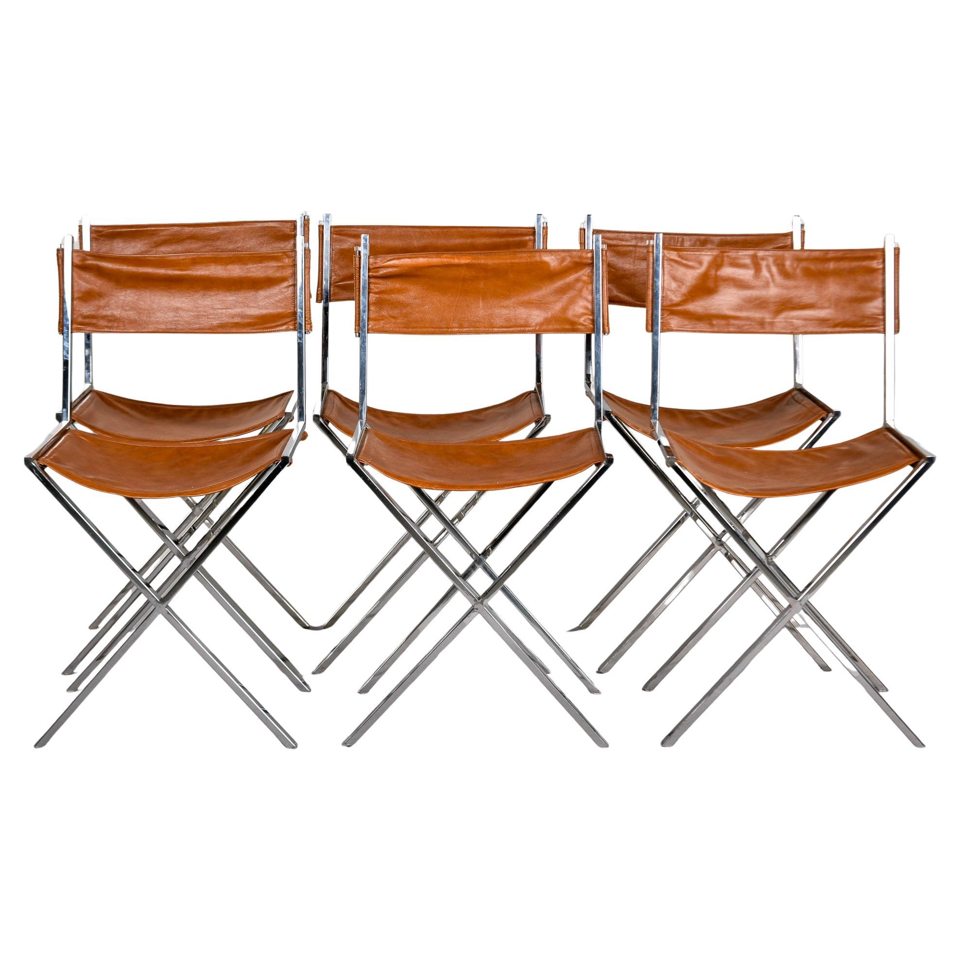 Set of 6 Director Style Leather Chairs with Chrome Base