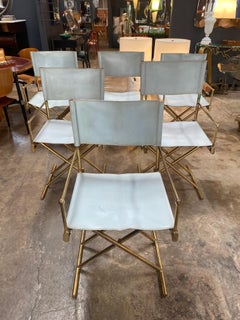Set of 6 Director's Chair in Brass and White Leather, Italy, 1970s