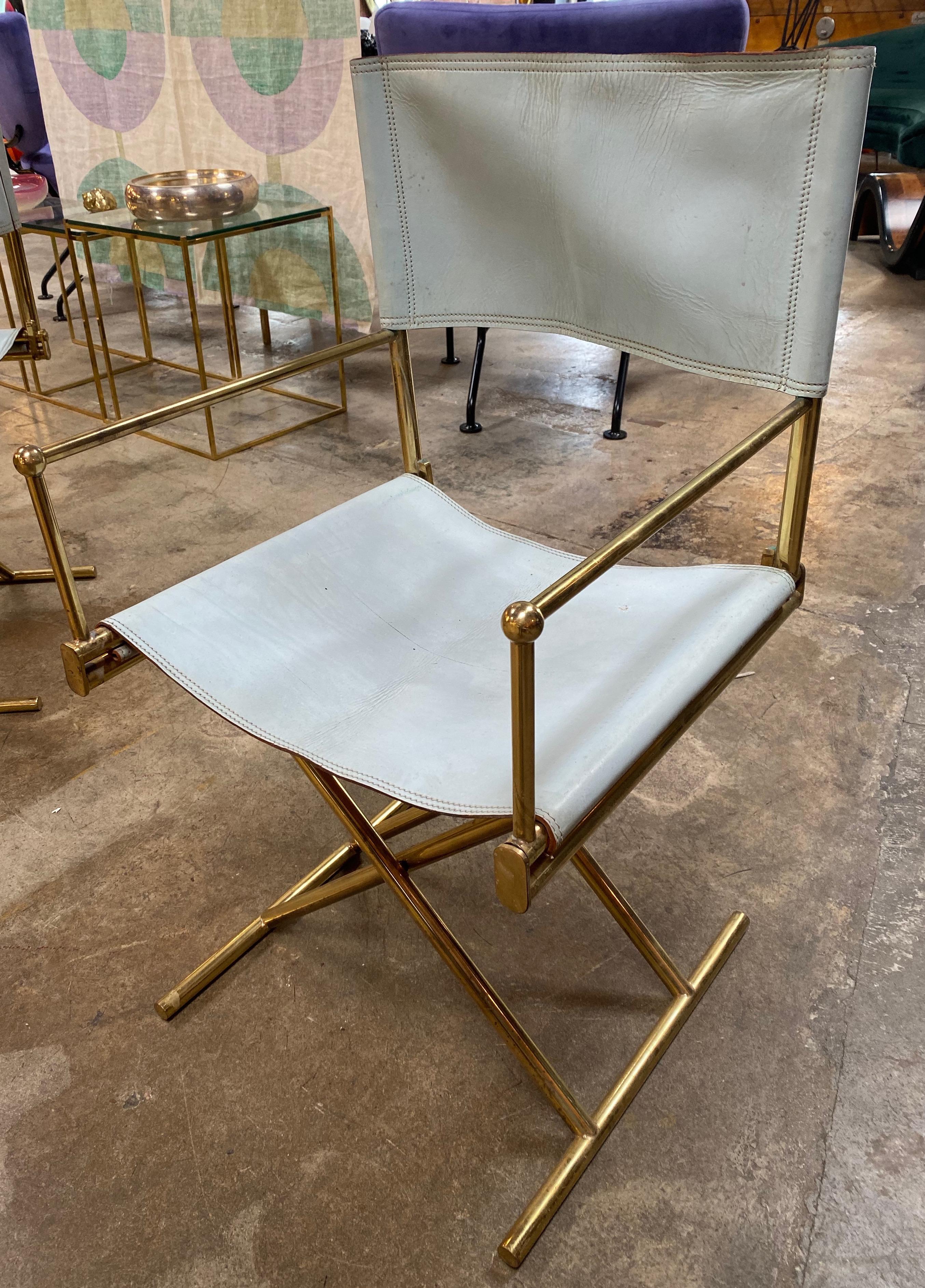 Set of 6 Director's Chair in Brass and White Leather, Italy, 1970s In Good Condition In Los Angeles, CA