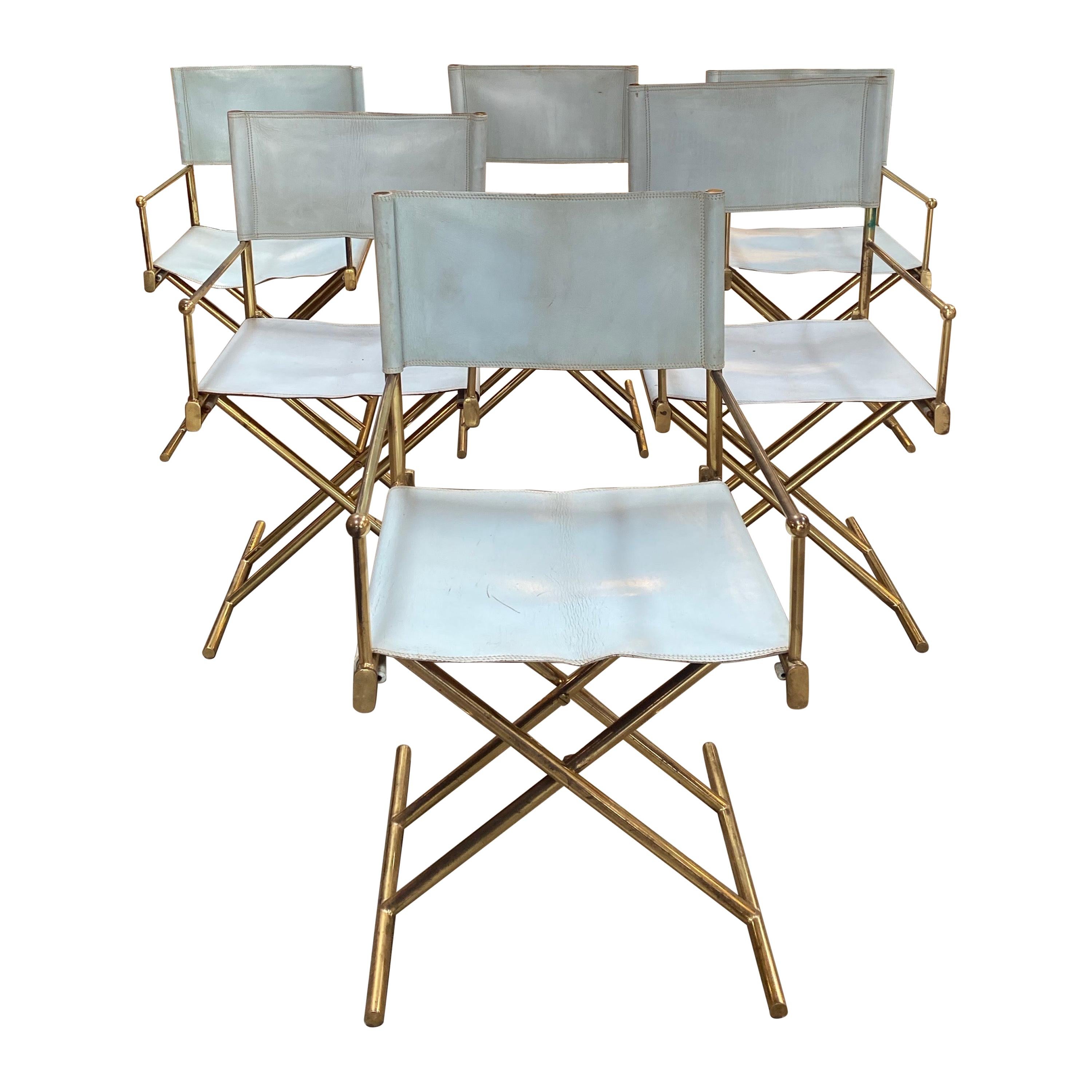 Set of 6 Director's Chair in Brass and White Leather, Italy, 1970s
