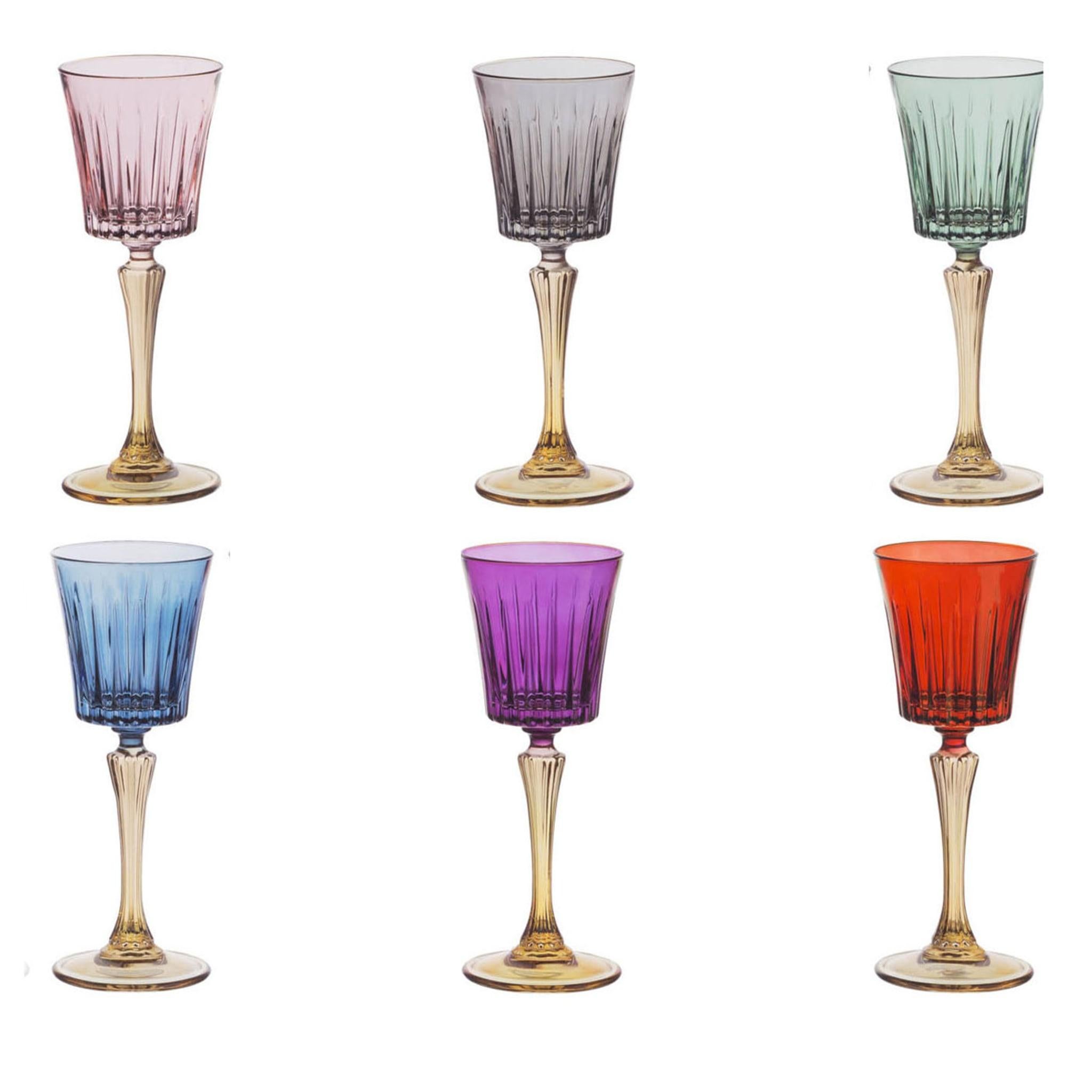 Each of these handmade liquor chalices features a stem and base in a smoky transparent glass shade. The cup section of each chalice bares its own distinct color to suit many different tastes.