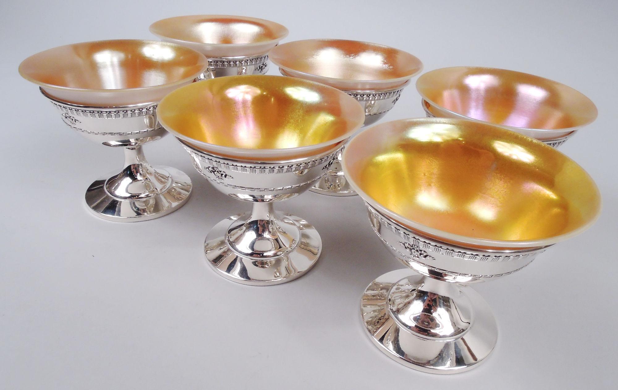 Edwardian Set of 6 Dominick & Haff Windsor Dessert Cups with Art Glass Liners