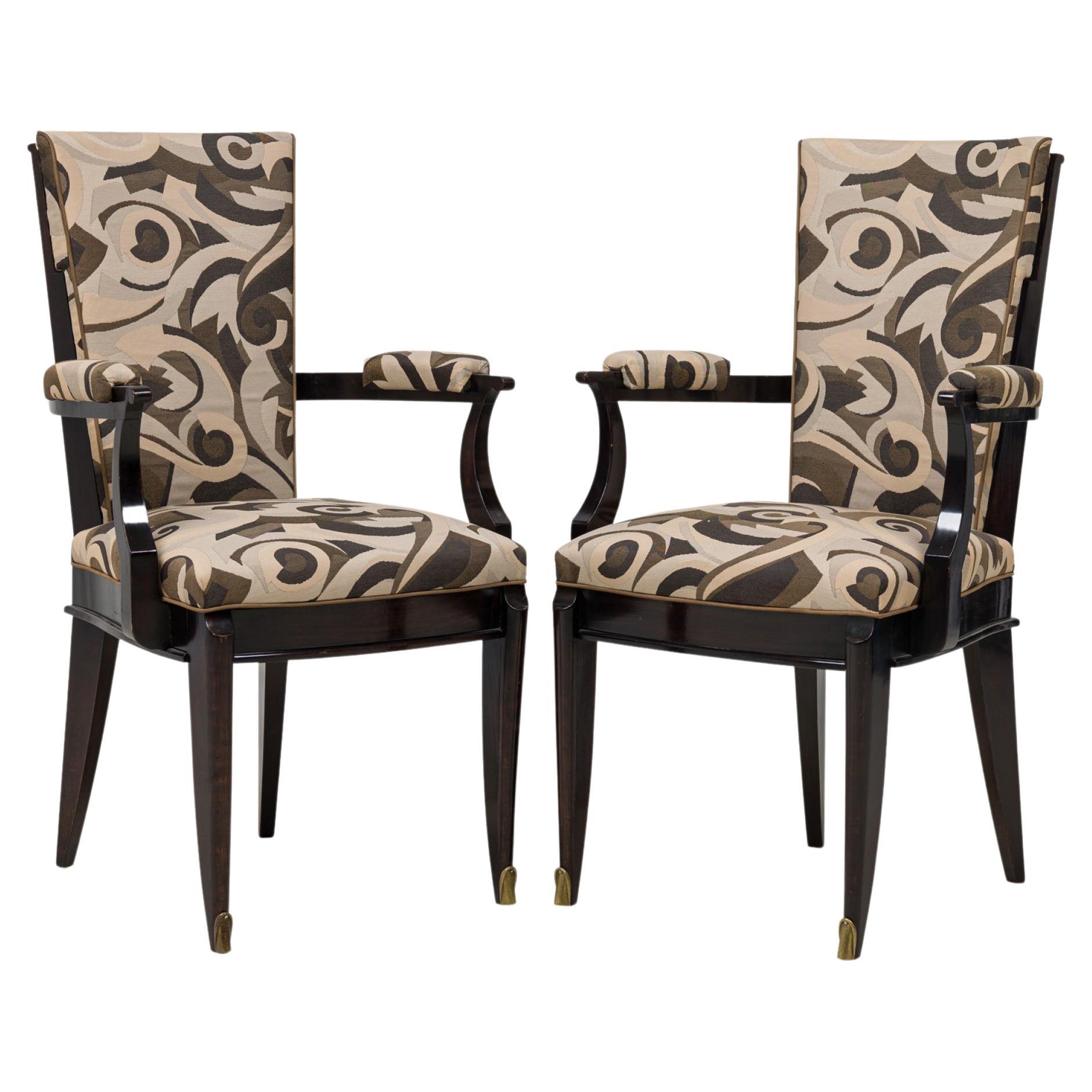 Set of 6 Dominique Art Deco Ebony de Macassar Upholstered Armchairs For Sale