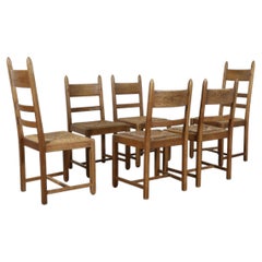 Set of 6 Dutch Brutalist Oak & Rush Dining Chairs by Top-Form