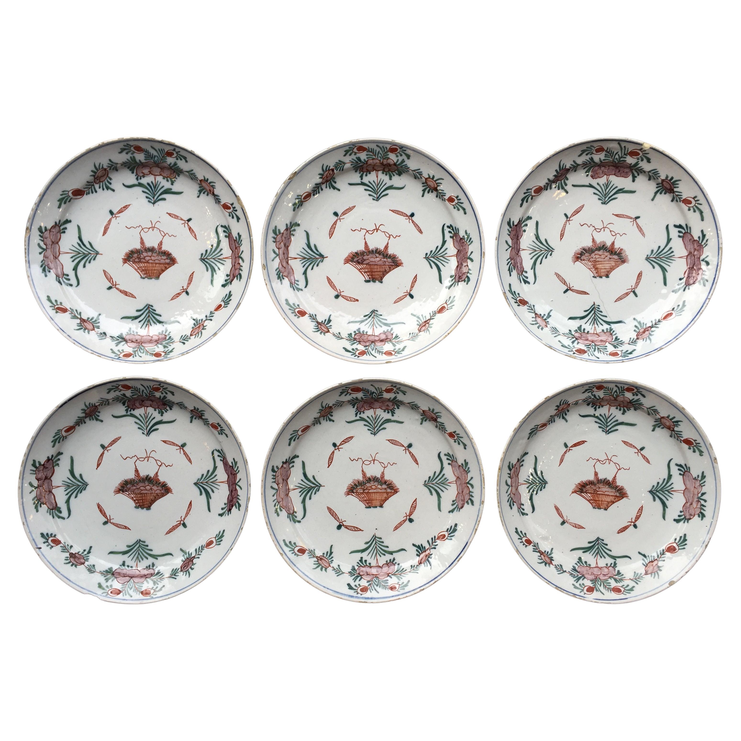 Set of 6 Dutch Delft Plates with Flower Baskets, 18th Century