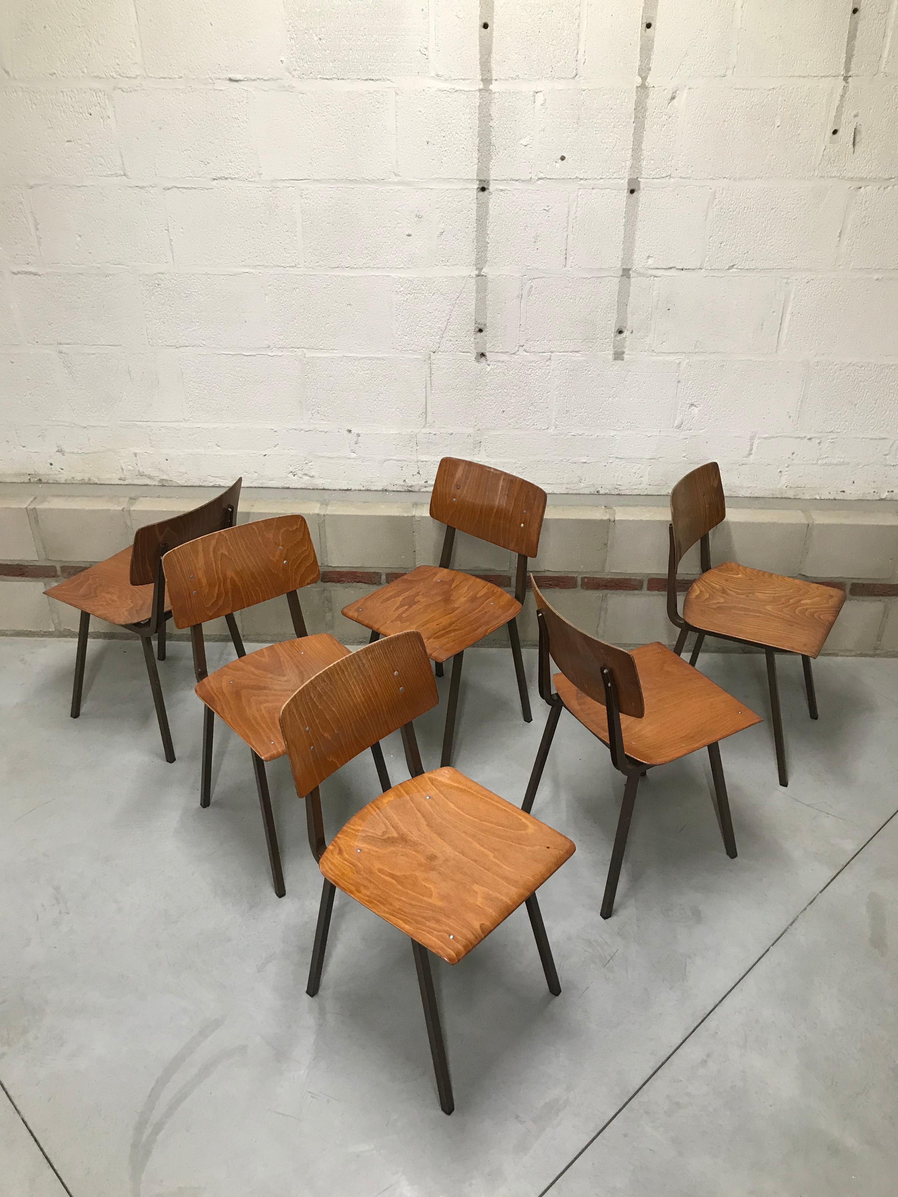 Mid-Century Modern Set of 6 Dutch Marko School Chairs For Sale