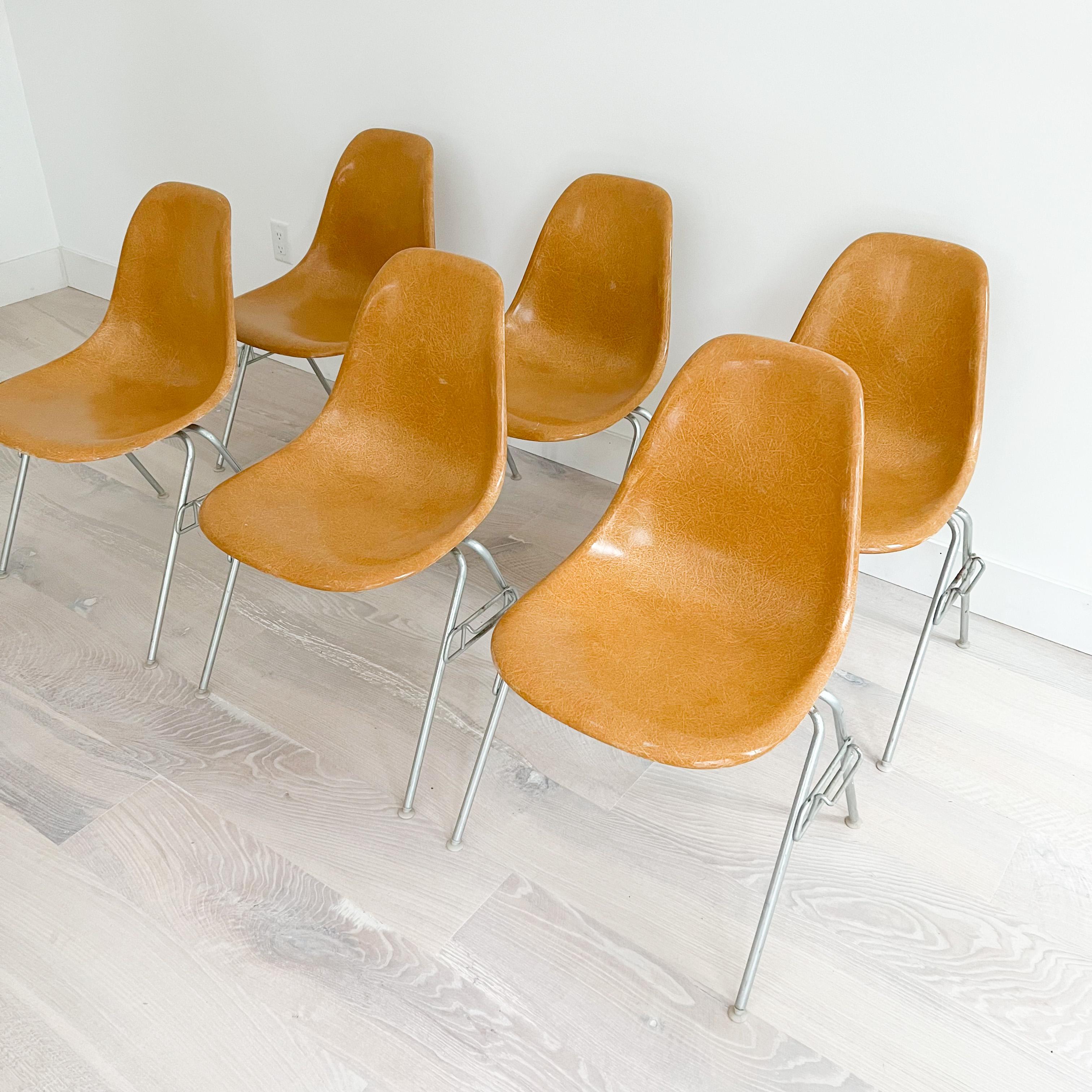 Mid-20th Century Set of 6 Eames for Herman Miller Ochre Light Shell Chairs