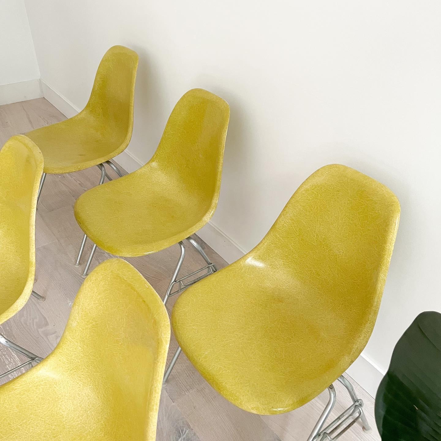 Mid-Century Modern Set of 6 Eames for Herman Miller Yellow Shell Stacking Chairs