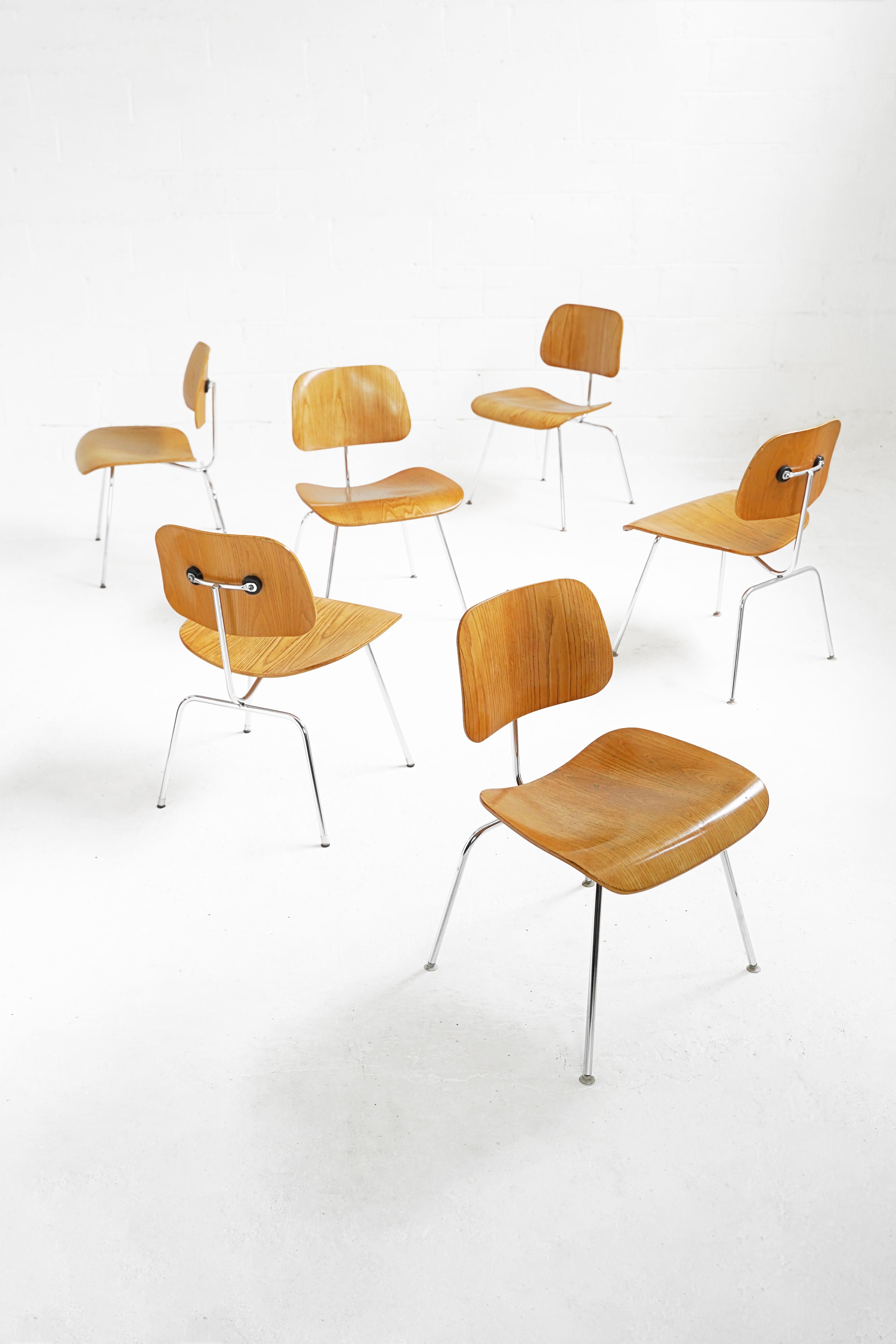Set of 6 Eames Molded Plywood 'DCM' Chairs in Ash for Herman Miller 10