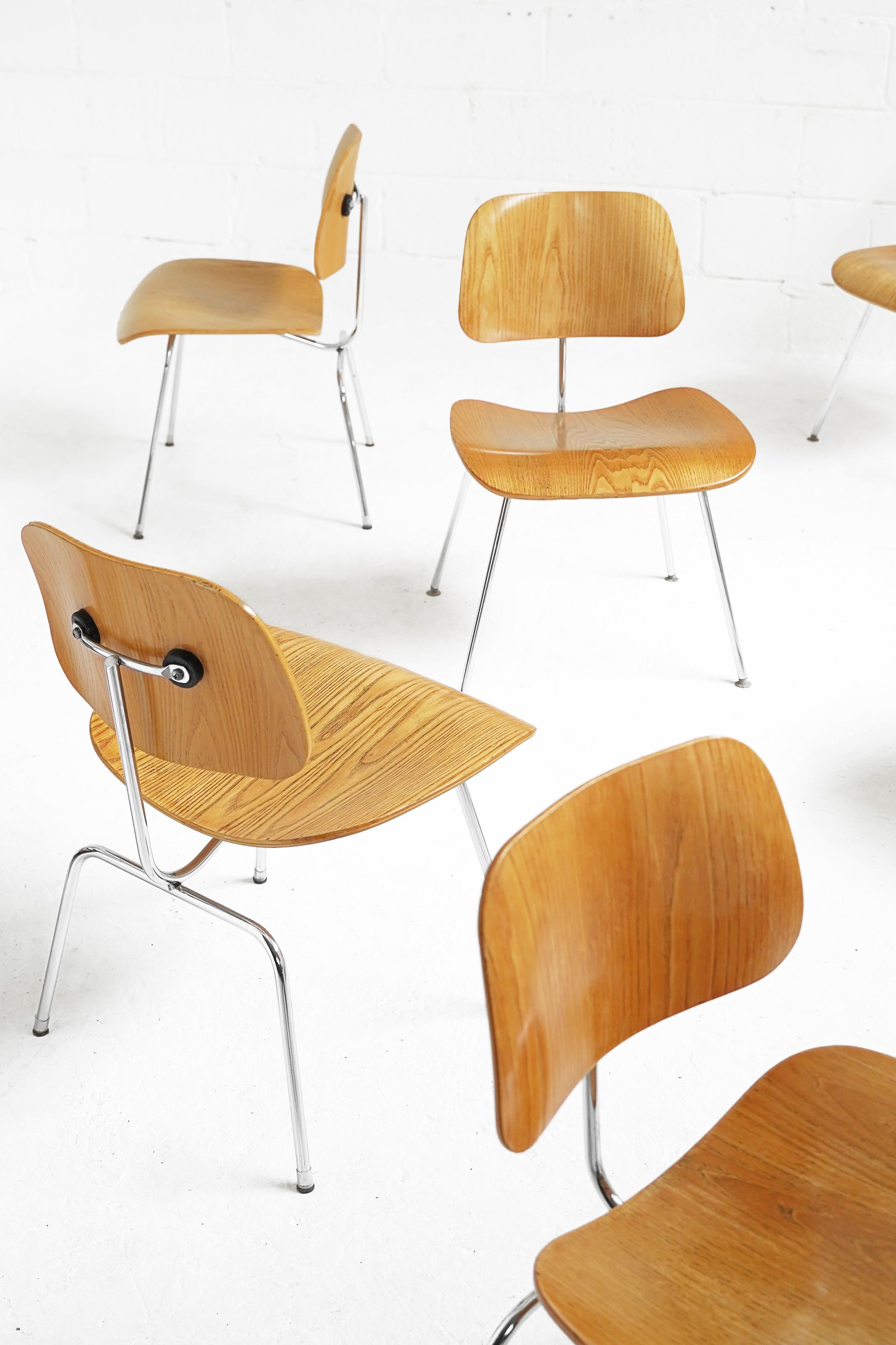 Chrome Set of 6 Eames Molded Plywood 'DCM' Chairs in Ash for Herman Miller