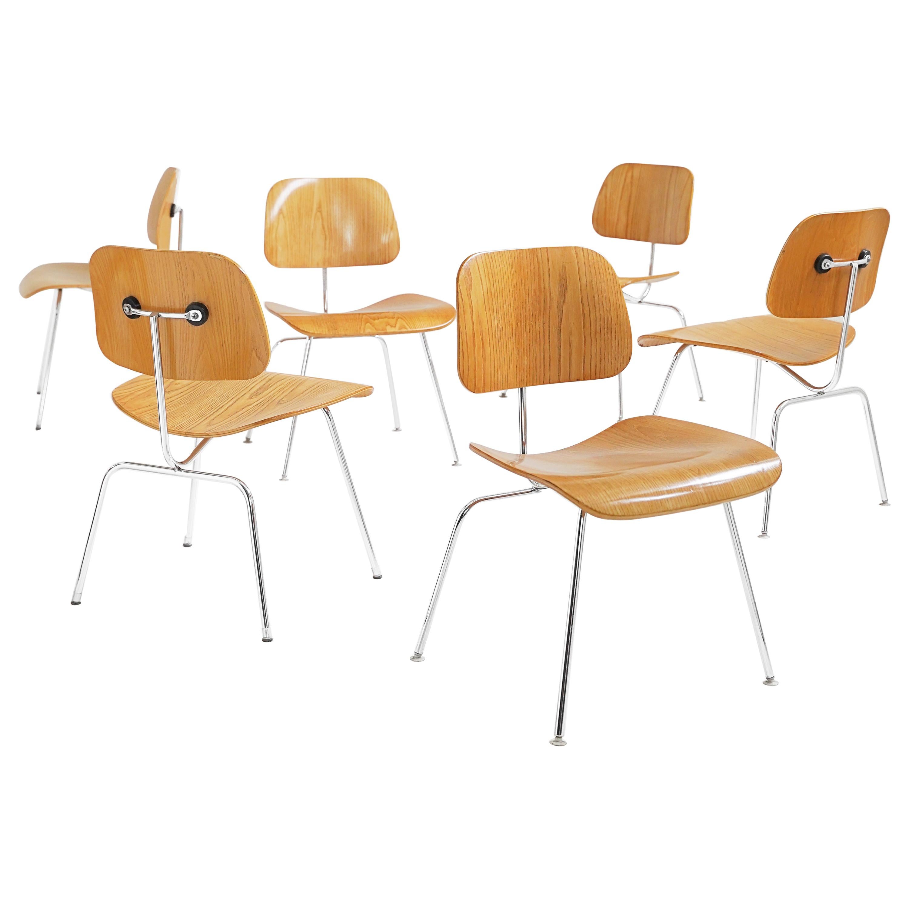 Set of 6 Eames Molded Plywood 'DCM' Chairs in Ash for Herman Miller