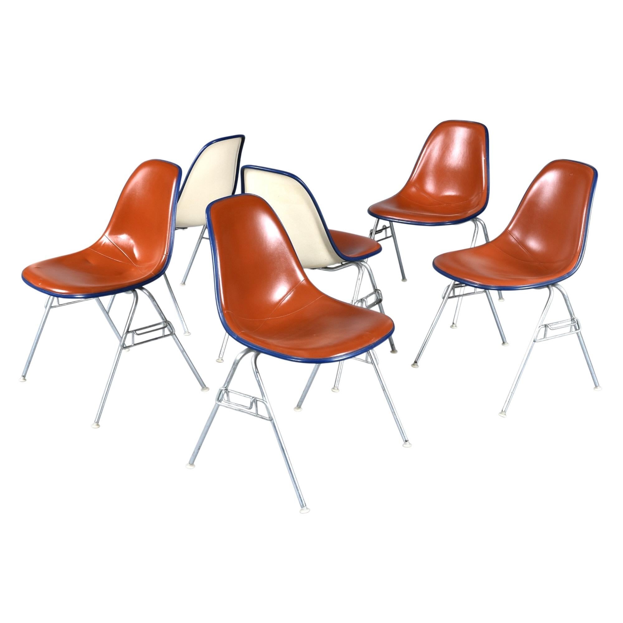 Gruppo di 6 sedie Eames impilabili a guscio in fibra di vetro recuperate dal terminal dell'aeroporto Eastern Airlines di Atlanta. Le famose sedie a guscio in fibra di vetro di Charles and Ray Eames portano l'insegna di Herman Miller. Questi pad di