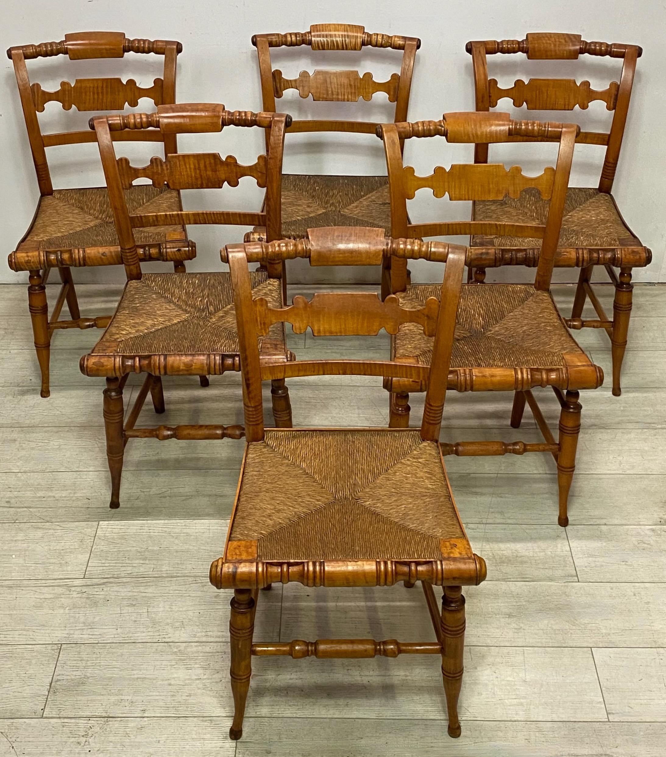 Federal Set of 6 Early 19th Century American Tiger Maple Hitchcock Chairs