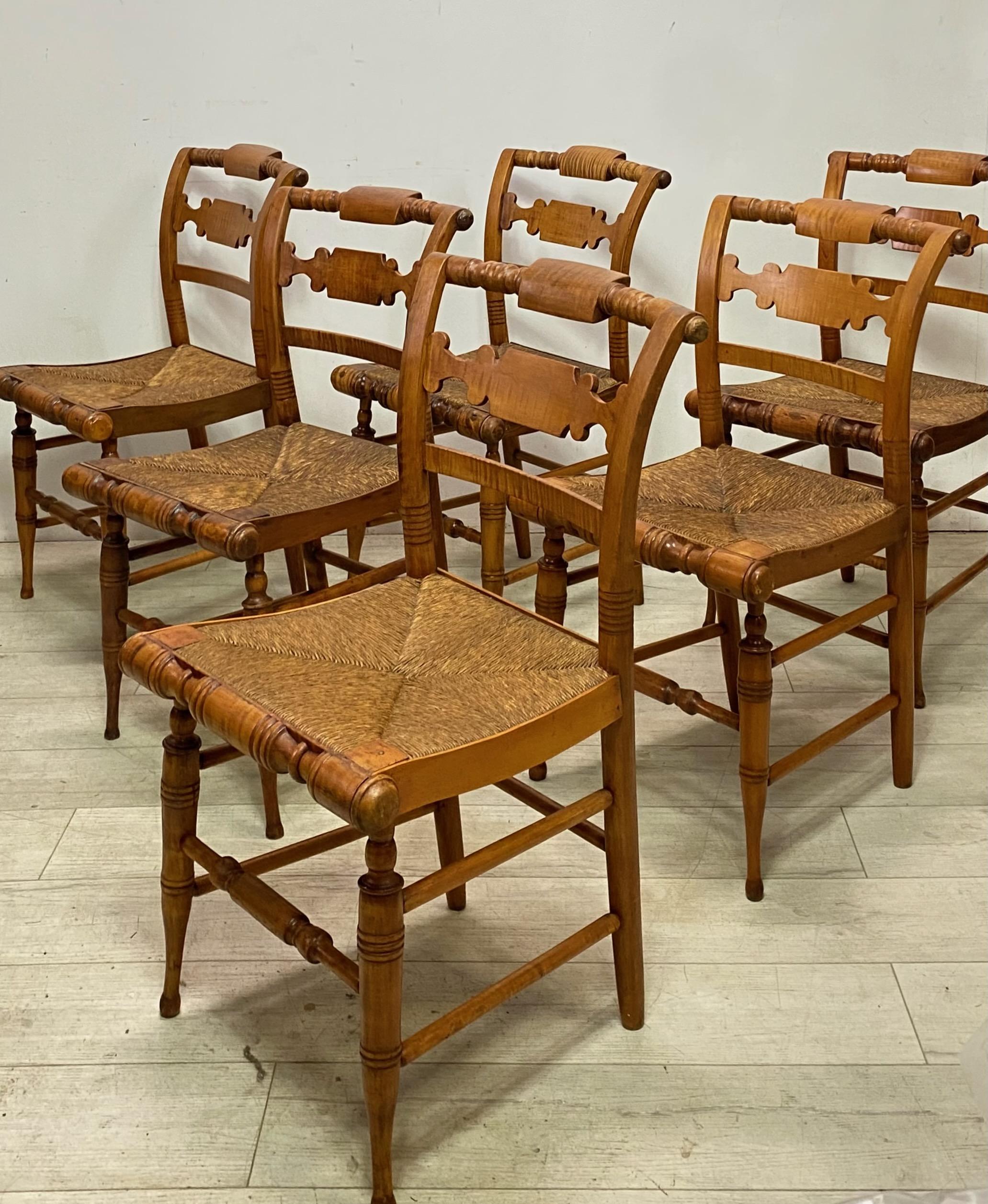 Set of 6 Early 19th Century American Tiger Maple Hitchcock Chairs 1