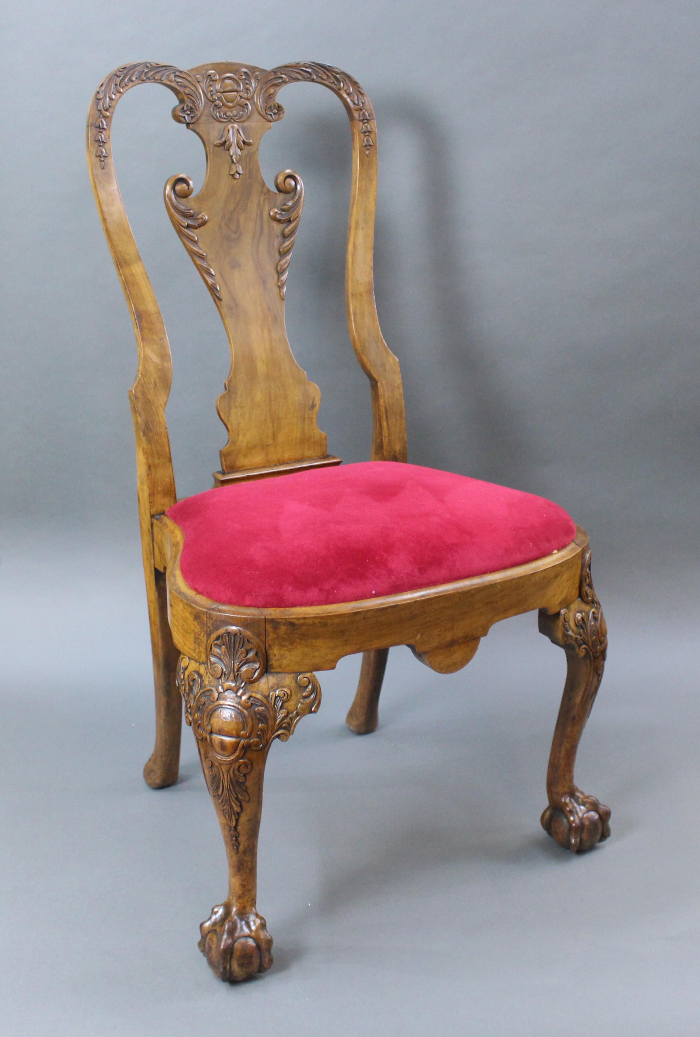 British Set of 6 Early 20th C. Georgian Style Carved Walnut Dining Chairs
