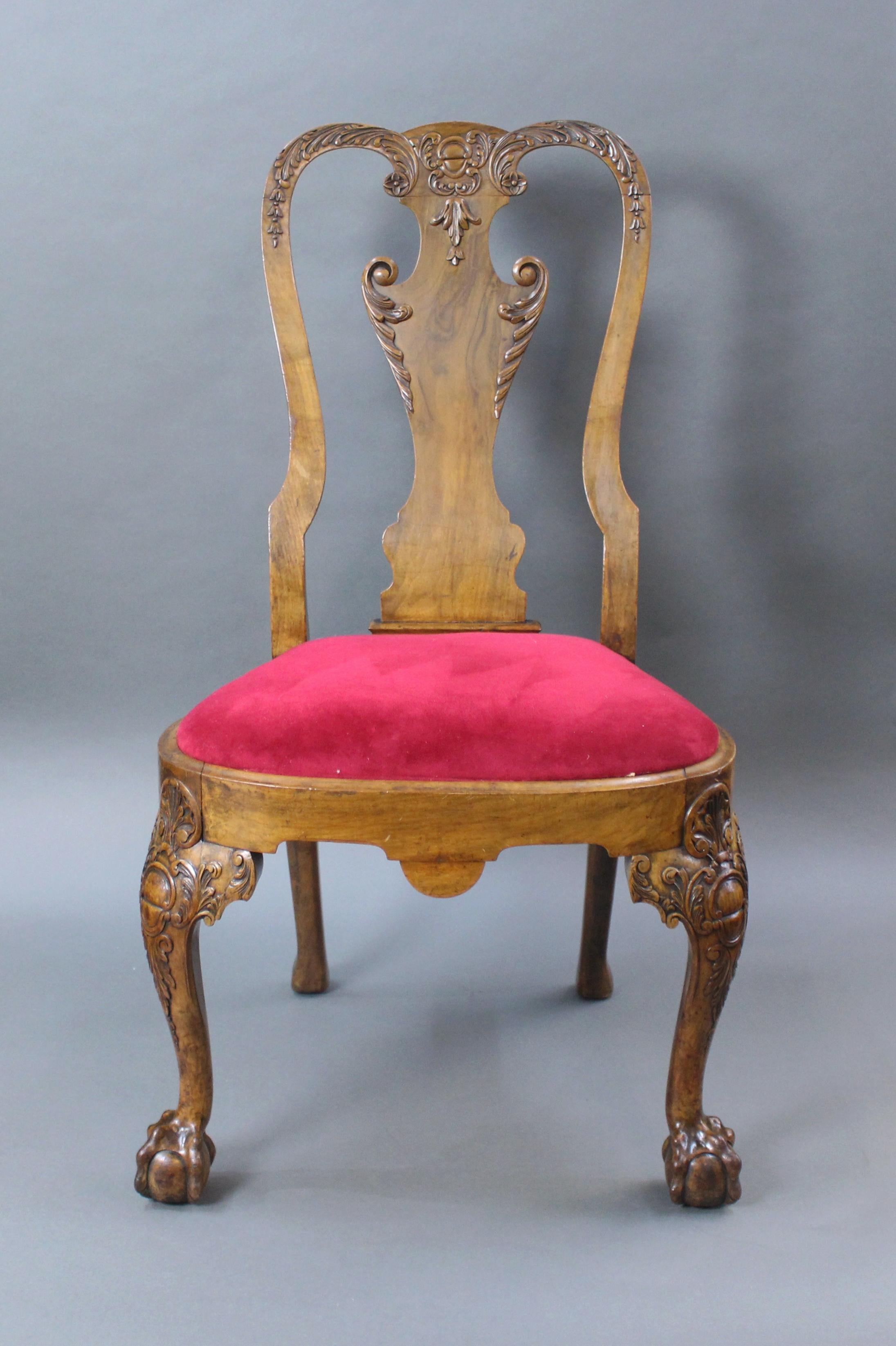 Hand-Carved Set of 6 Early 20th C. Georgian Style Carved Walnut Dining Chairs