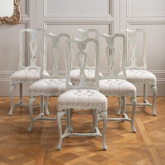 Set Of 6 Early 20th C. Italian Dining Chairs With Pale Grey-Blue Painted Patina