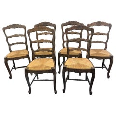 Set of 6 Early 20th Century French Oak with Rush Seat Side Chairs