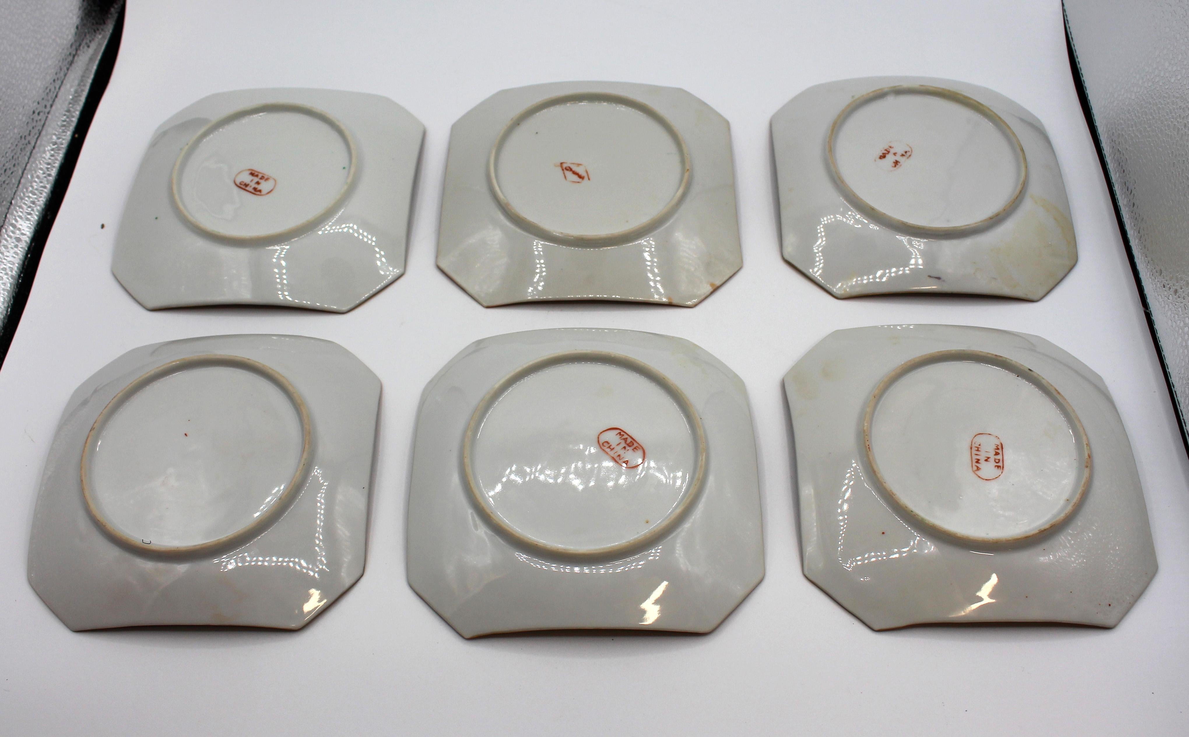 Chinese Set of 6 Early 20th Century Rose Canton Square Bread & Butter Plates