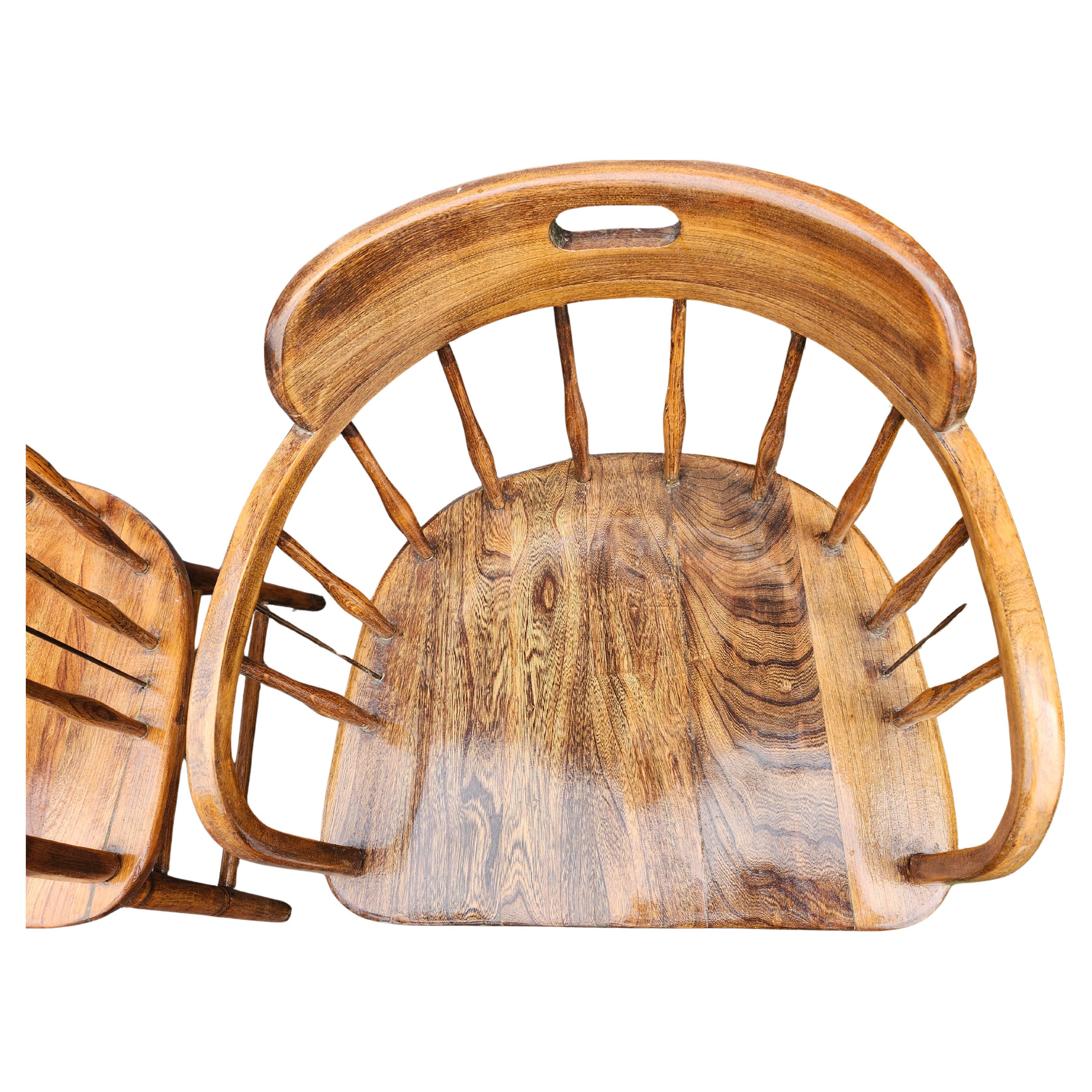 Fantastic set of 6 firehouse windsor armchairs in walnut and oak. Refinished and looking great, all nice and tight. Wide and comfy built to last. Priced and sold as a set of six. Have support metal strips added under the seats, not visible.