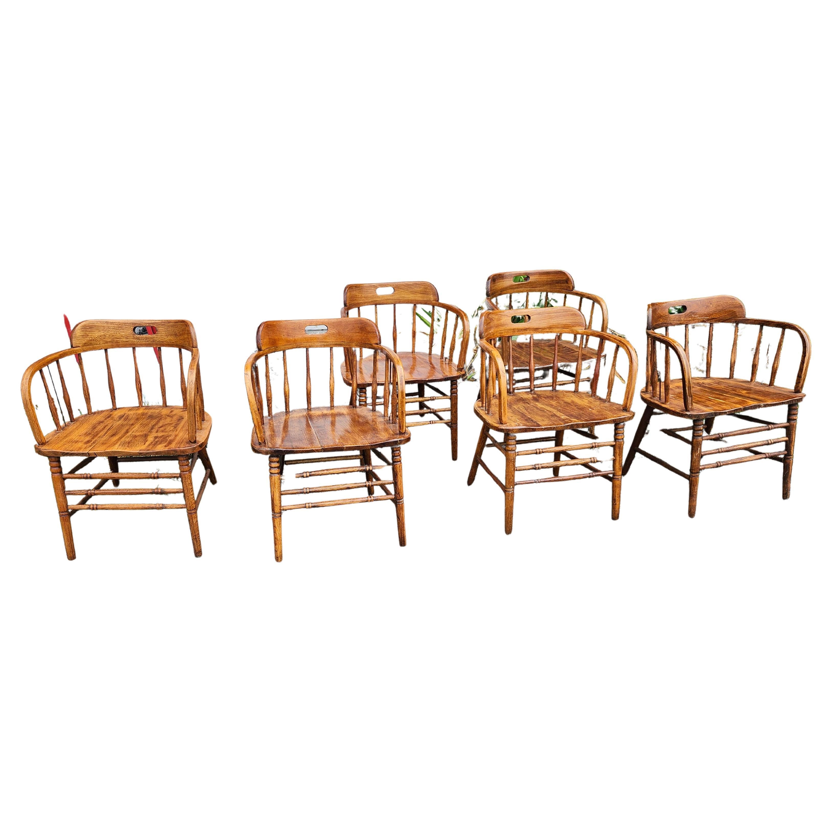 Adirondack Set of 6 Early 20thC Firehouse Windsor Oak & Walnut Dining Chairs C1910 For Sale