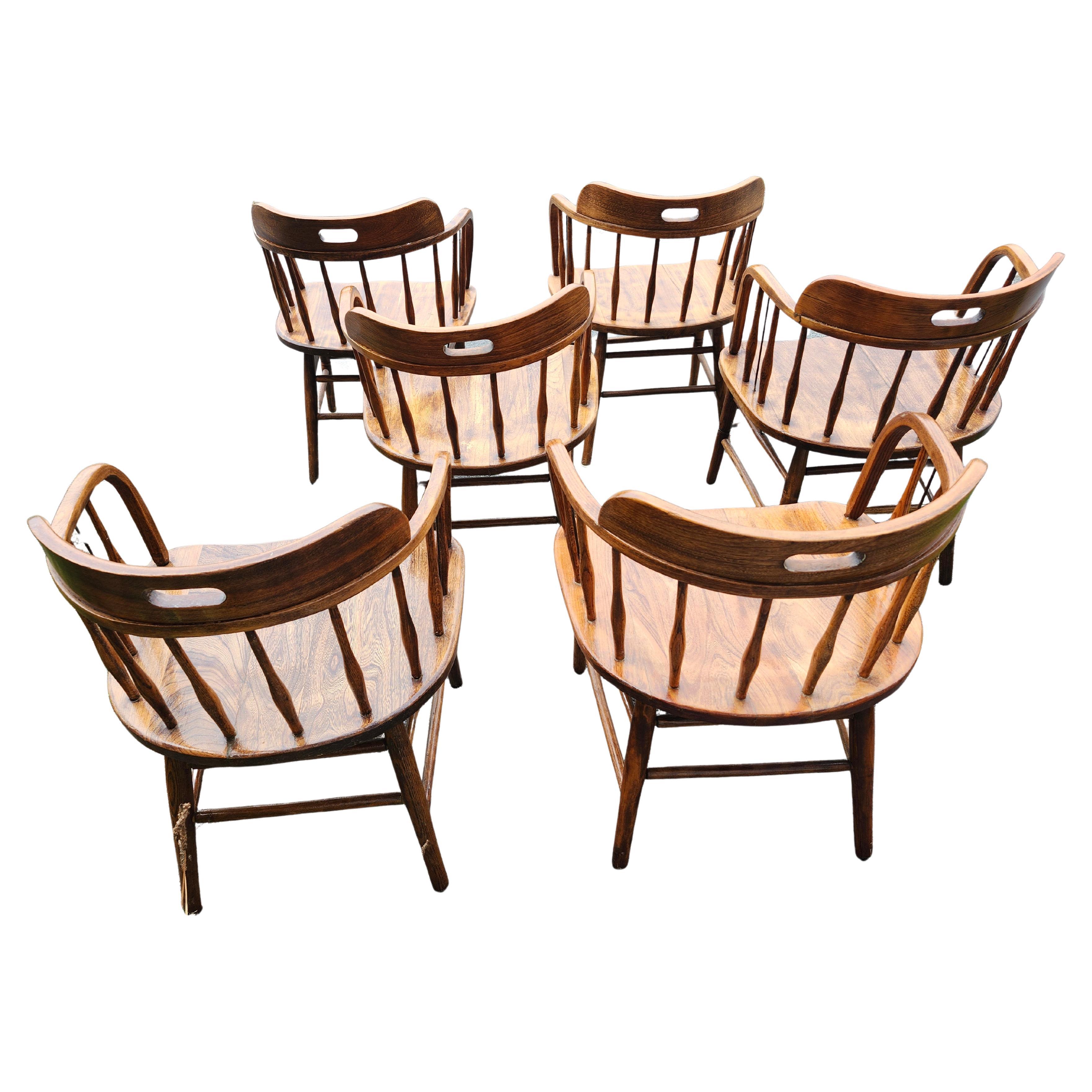 American Set of 6 Early 20thC Firehouse Windsor Oak & Walnut Dining Chairs C1910 For Sale