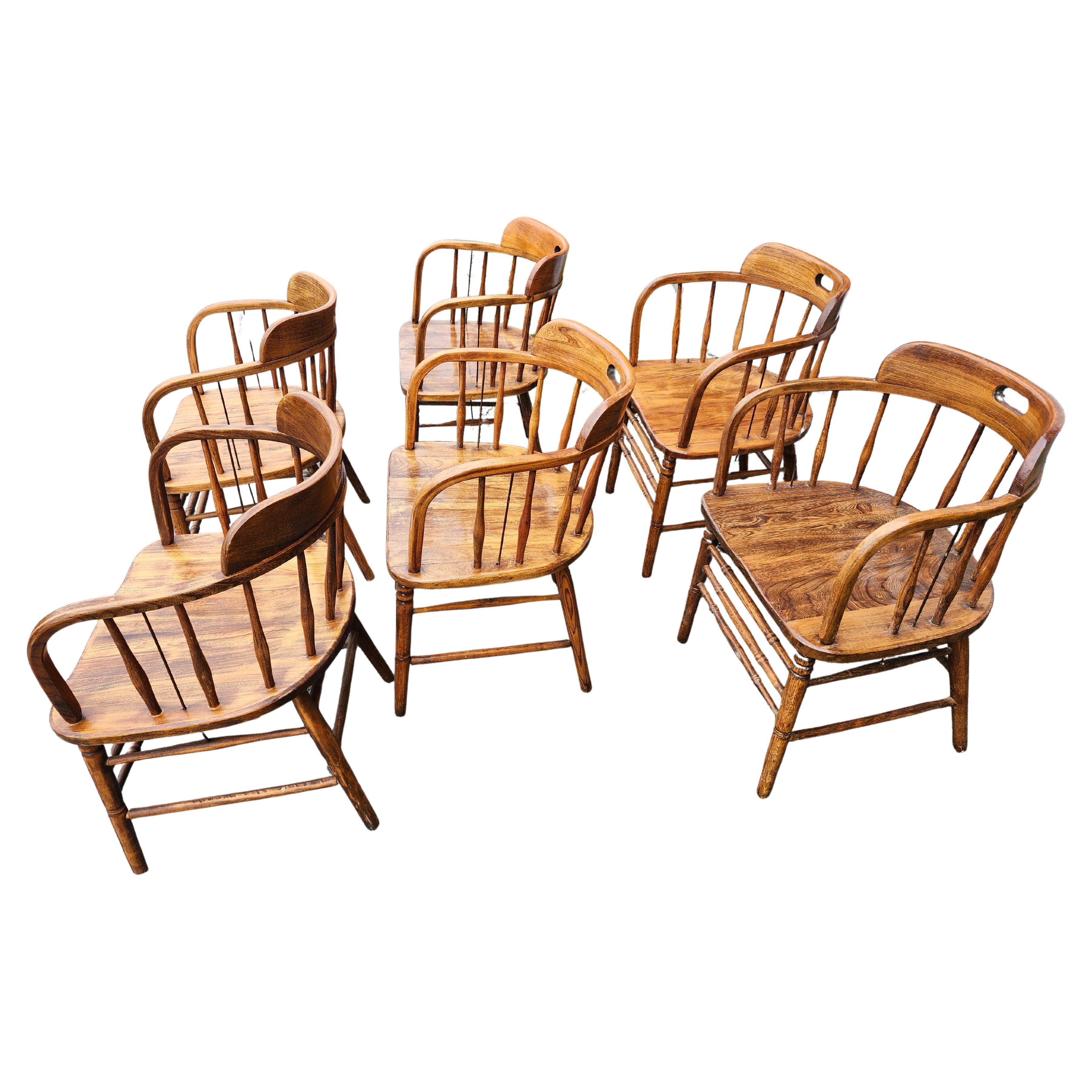 Hand-Crafted Set of 6 Early 20thC Firehouse Windsor Oak & Walnut Dining Chairs C1910 For Sale