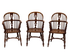 Set of 6 Early c.19th English Yew & Elm Windsor Armchairs, Crinoline Stretchers