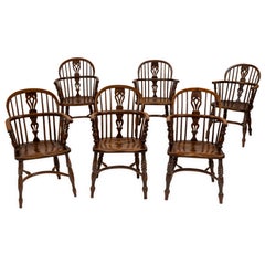 Set of 6 Early c.19th English Yew & Elm Windsor Armchairs, Crinoline Stretchers