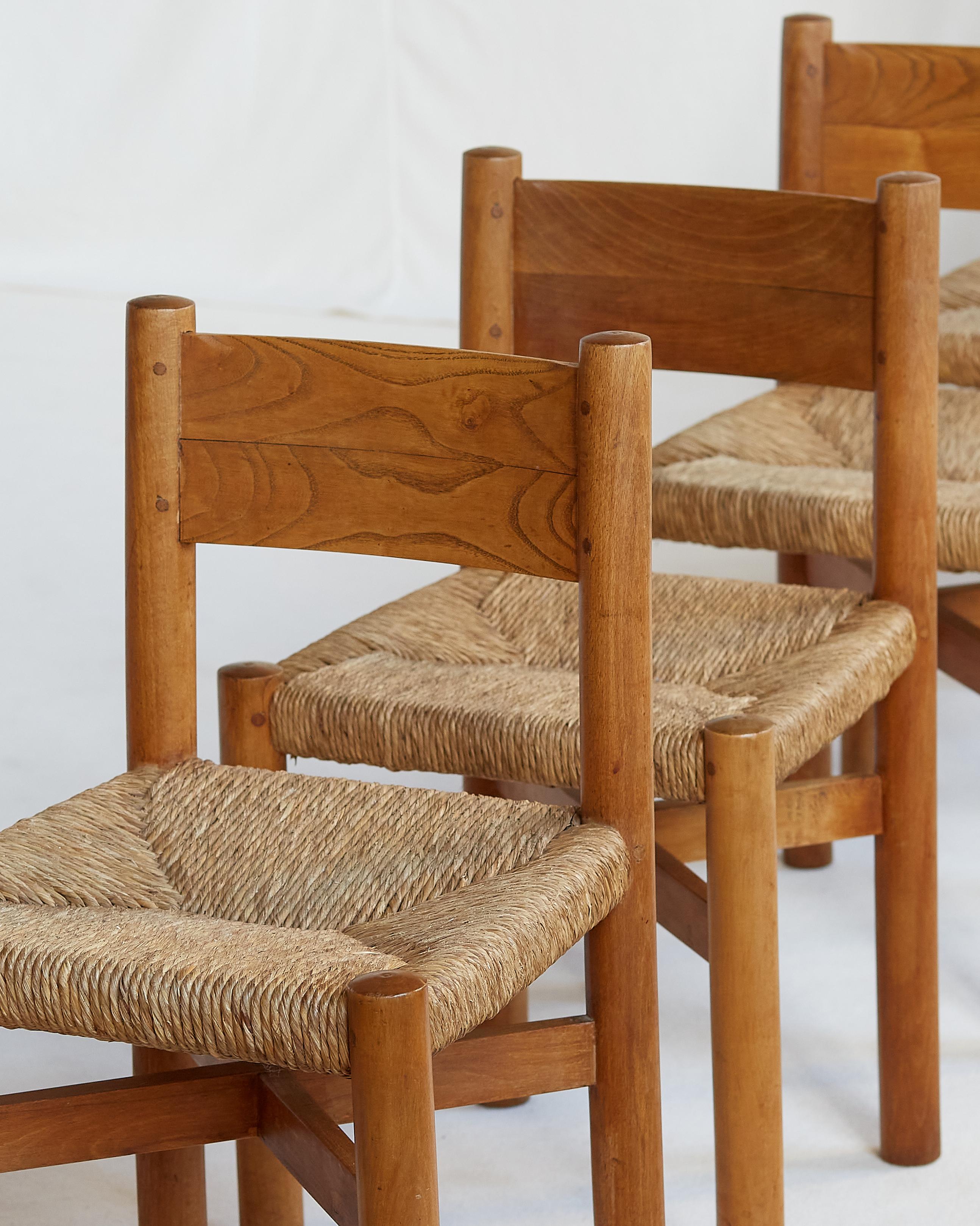 Mid-Century Modern Set of 6 Early Charlotte Perriand Meribel Chairs by B.C.B