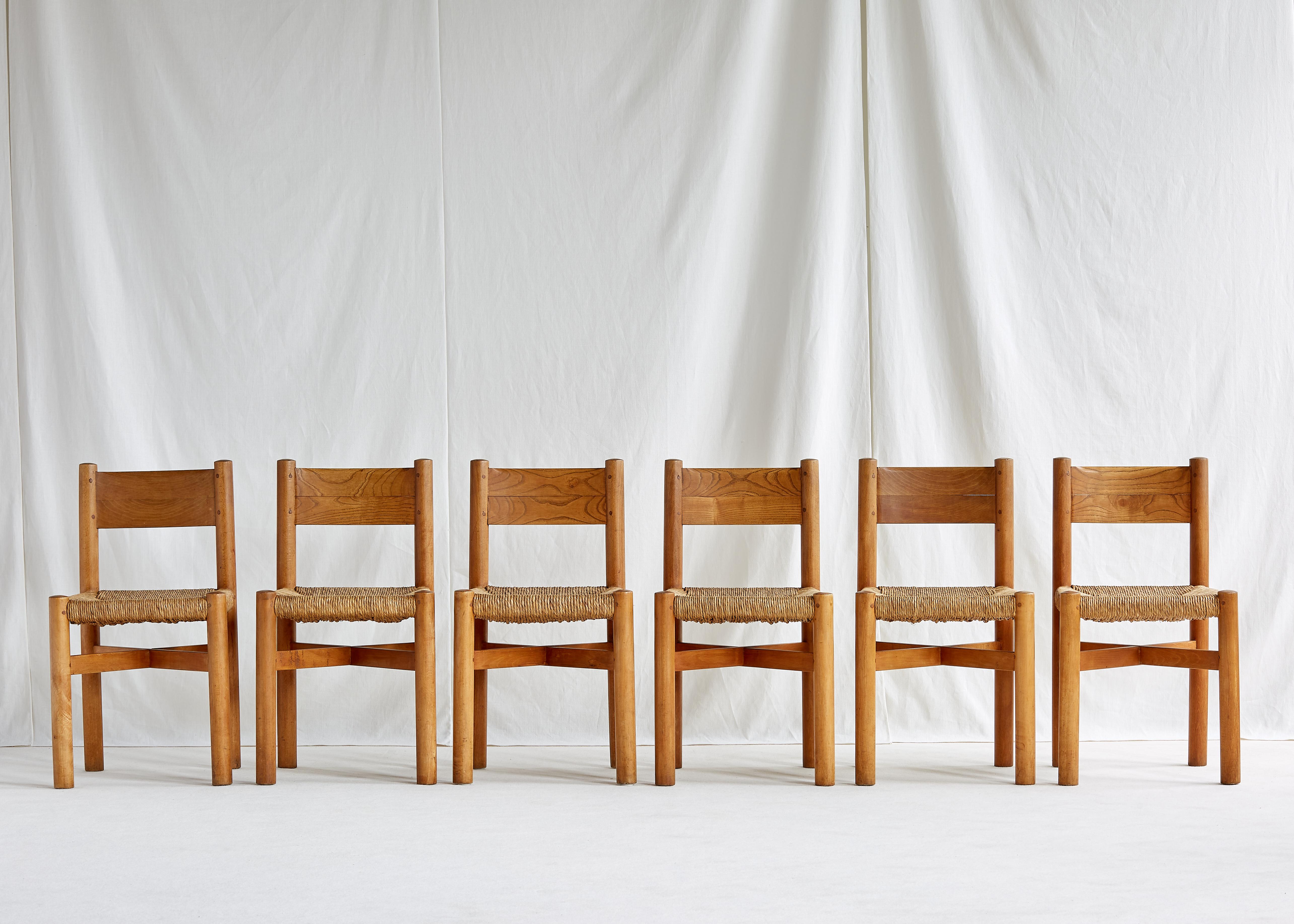 Rush Set of 6 Early Charlotte Perriand Meribel Chairs by B.C.B