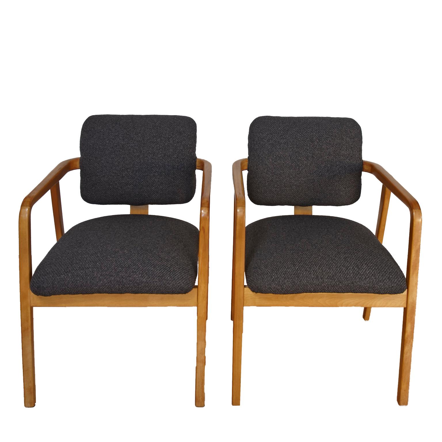 Set of 6 George Nelson for Herman Miller dining chairs, two armchairs and four cane back side chairs.
New caning and upholstery and foam for side chairs. New upholstery for two arm chairs.
These chairs were manufactured from 1947-1954. A Beautiful