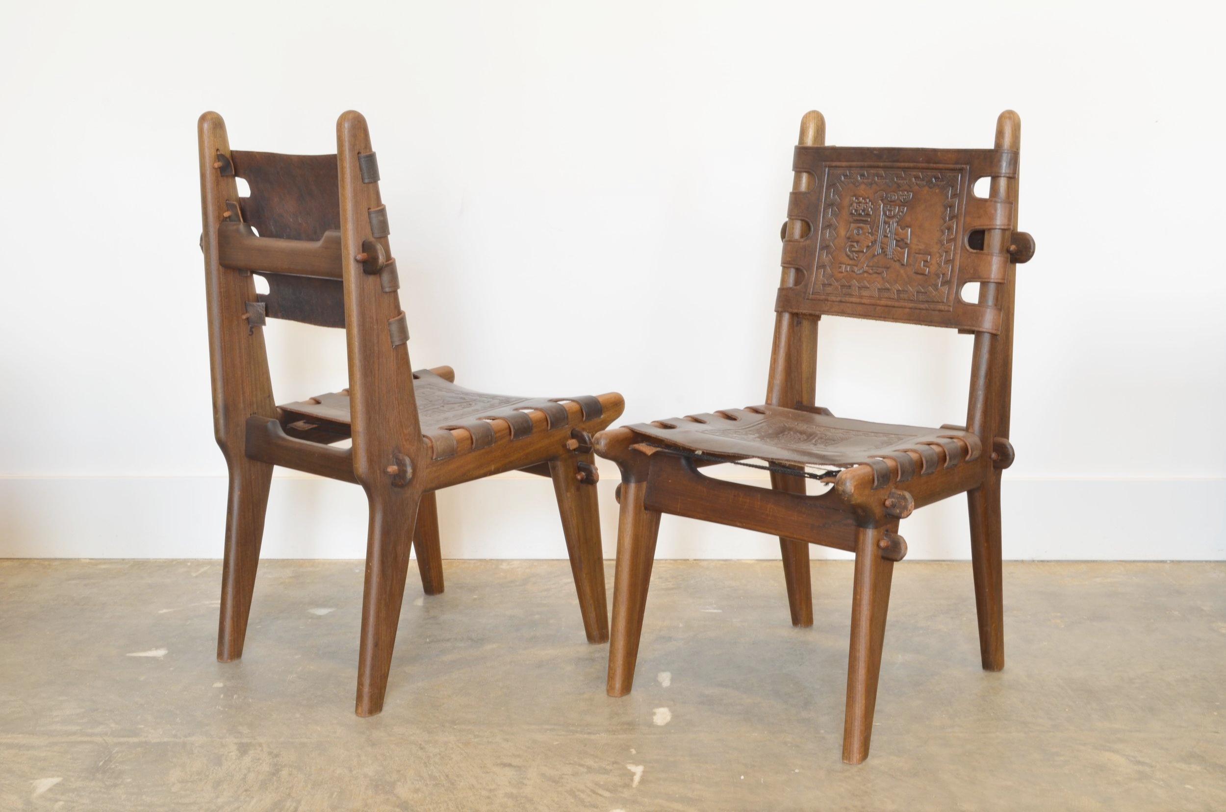 Set of 6 Ecuadorian Dining Chairs with stamped leather by Angel Pazmino, 1960's In Good Condition For Sale In Scottsdale, AZ