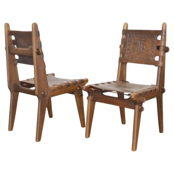 Set of 6 Ecuadorian Dining Chairs with stamped leather by Angel Pazmino, 1960's For Sale