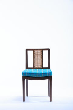 Ensemble de 6 chaises de salle à manger bleues Edward Wormley pour Dunbar avec dossiers en rotin, vers 1958